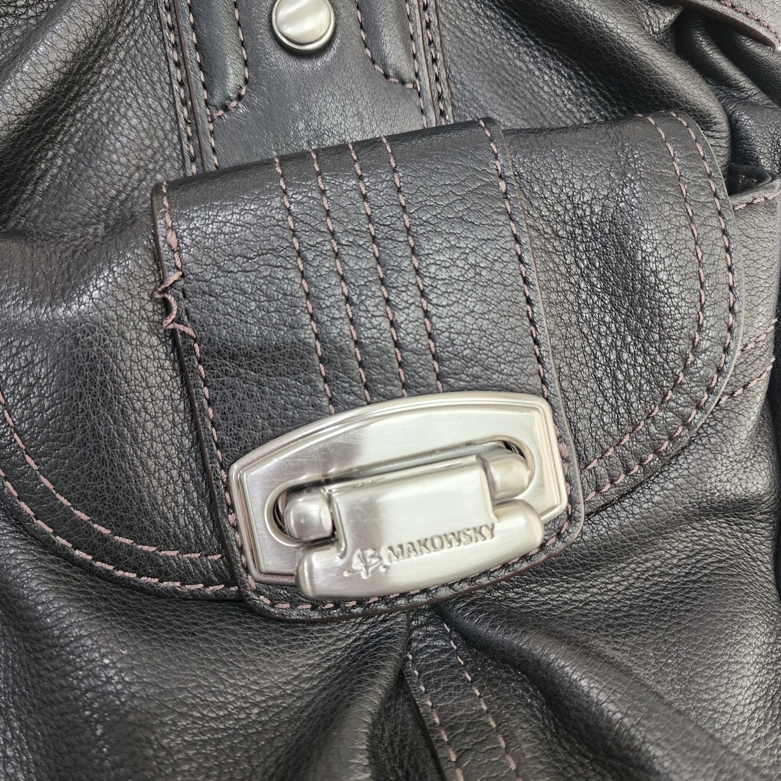 B. Makowsky Satchel Handbag Womens Black Leather Zip Pocket Silver Hardware