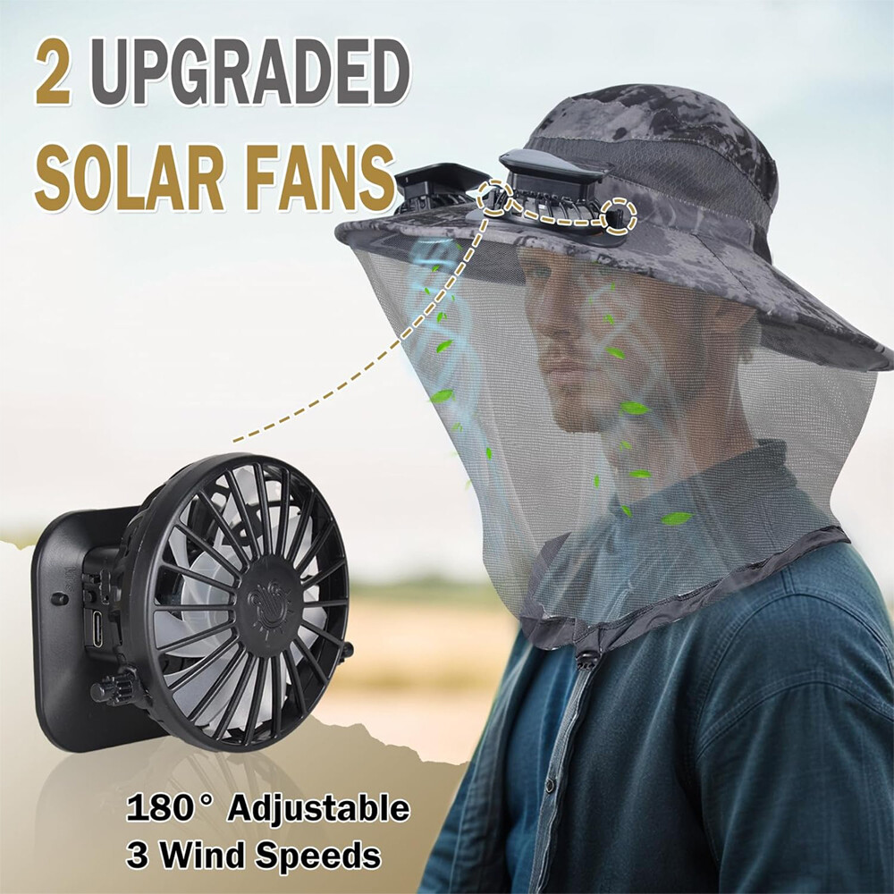 Mosquito Net Hat With Solar Fan Wide Brim Fishing Outdoor Men Women Sun Cap Gift