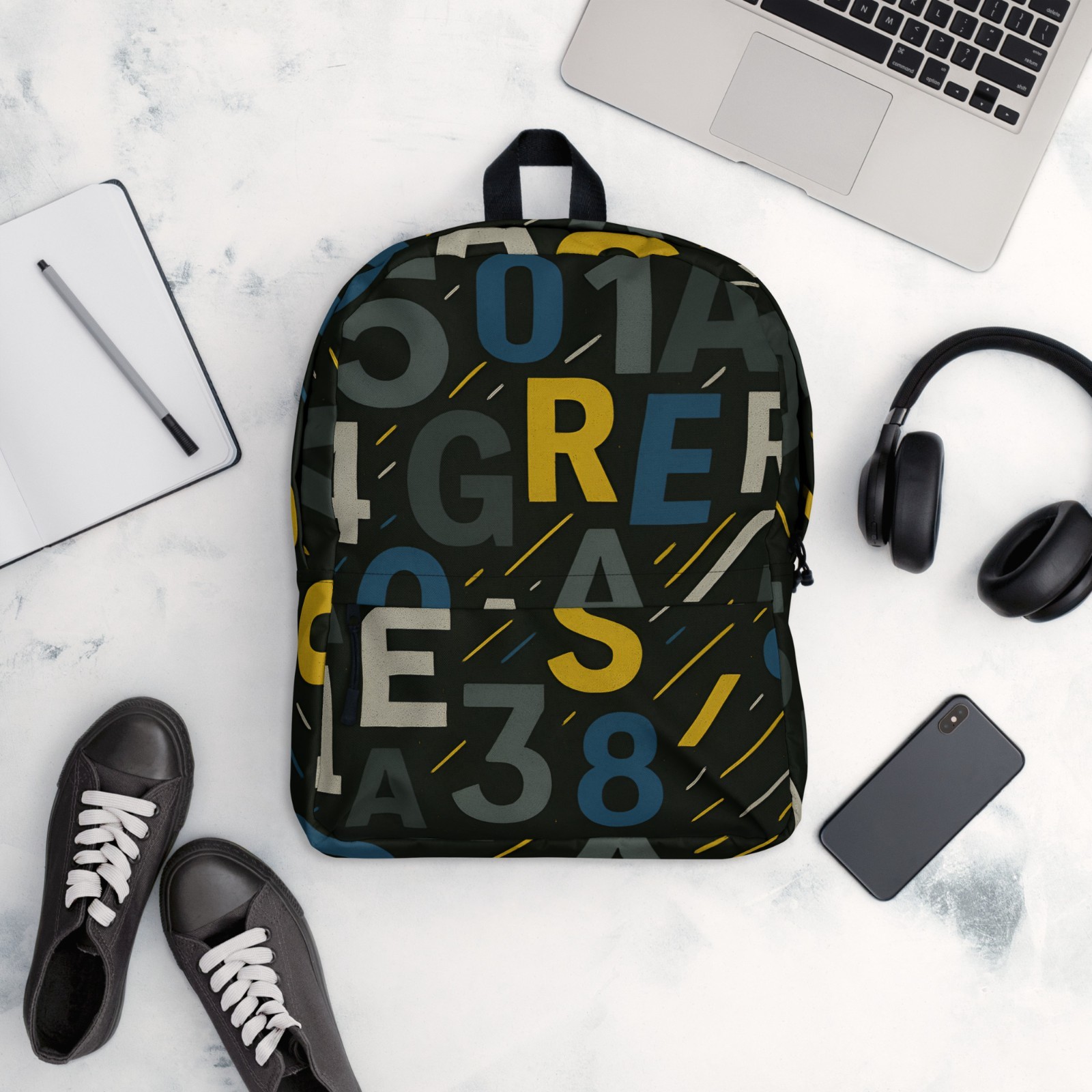 Grey Letter Print Backpack, Aesthetic Typography Design, School & Travel Bag