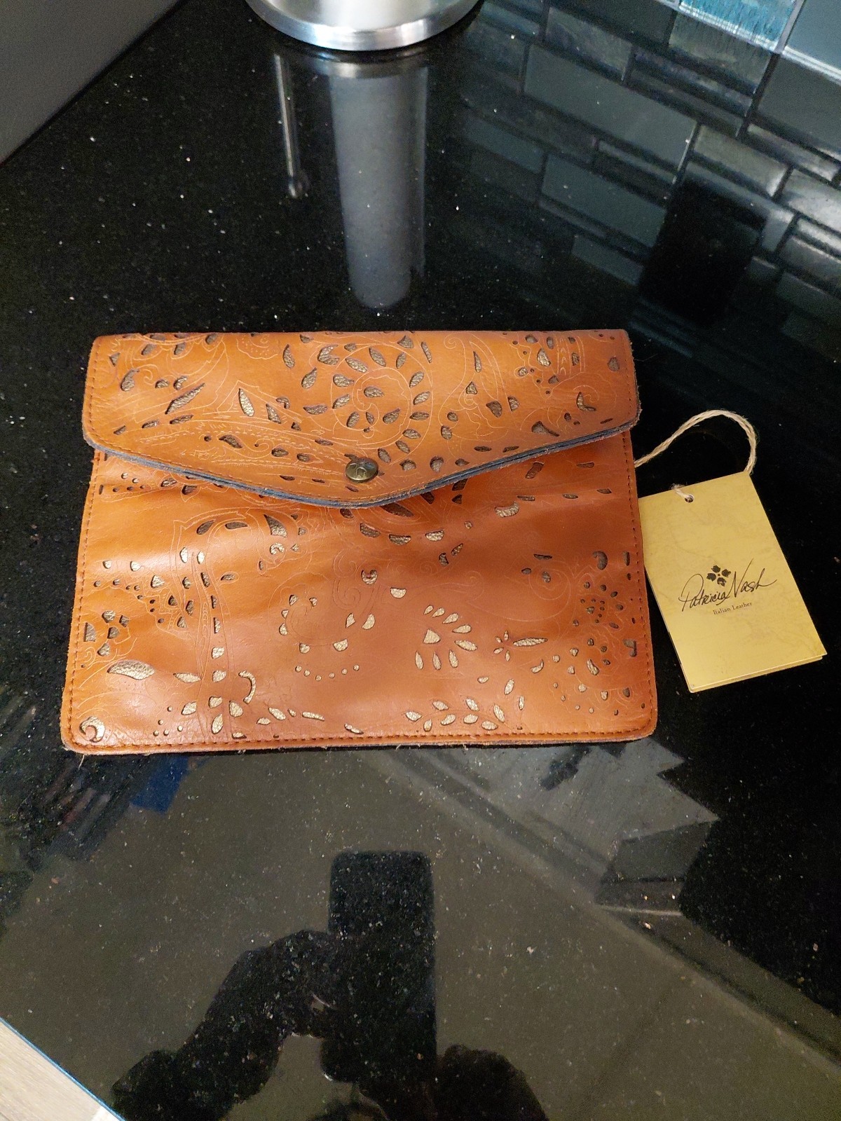Patricia Nash Brown Leather IPAD Case Clutch Purse Bag Flap Snap