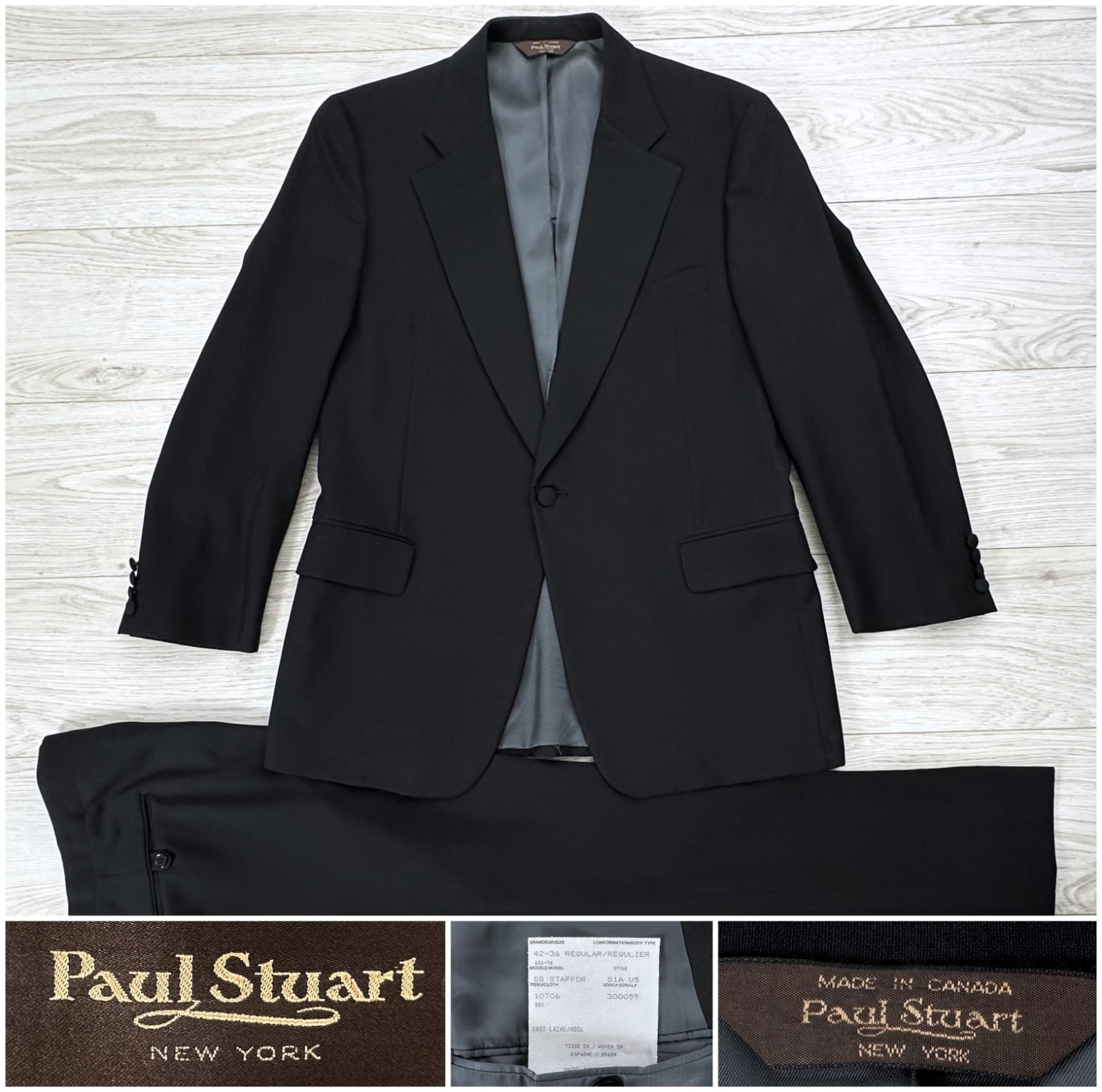 Vintage $2995 Paul Stuart Black Grosgrain Silk “Stafford” Tuxedo Suit, 42R 36W