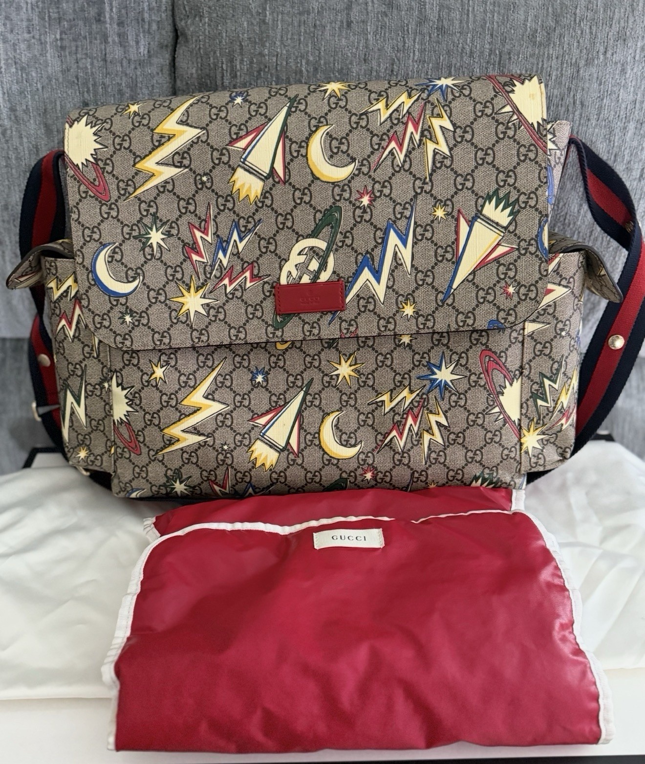 Gucci GG Supreme Rocket Print Messenger Bag Beige/Multicolor, Adj Strap, Dust