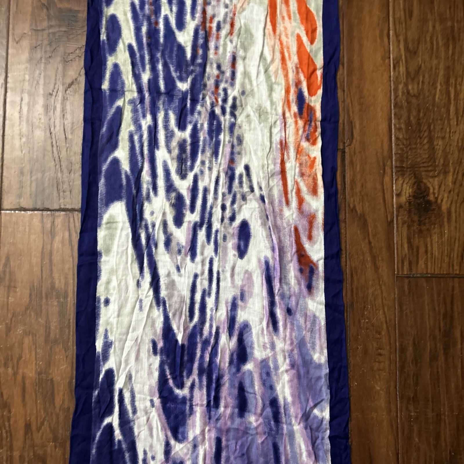 Blue Purple And Red abstract Ty Dye pattern semi-sheer long scarf fringe ends.