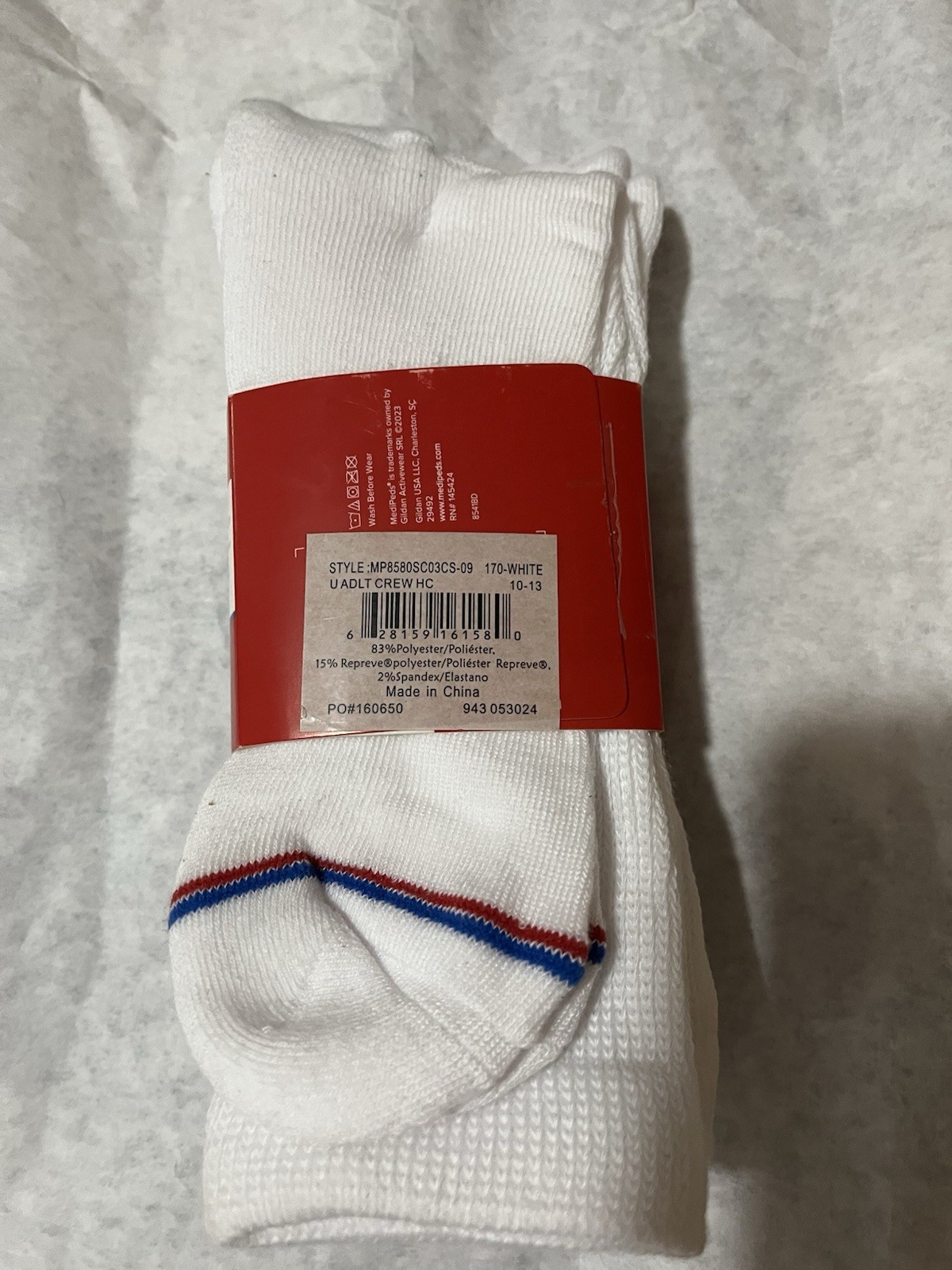 MediPeds Non-Binding Crew Socks White Large 3 Pair Moisture Control