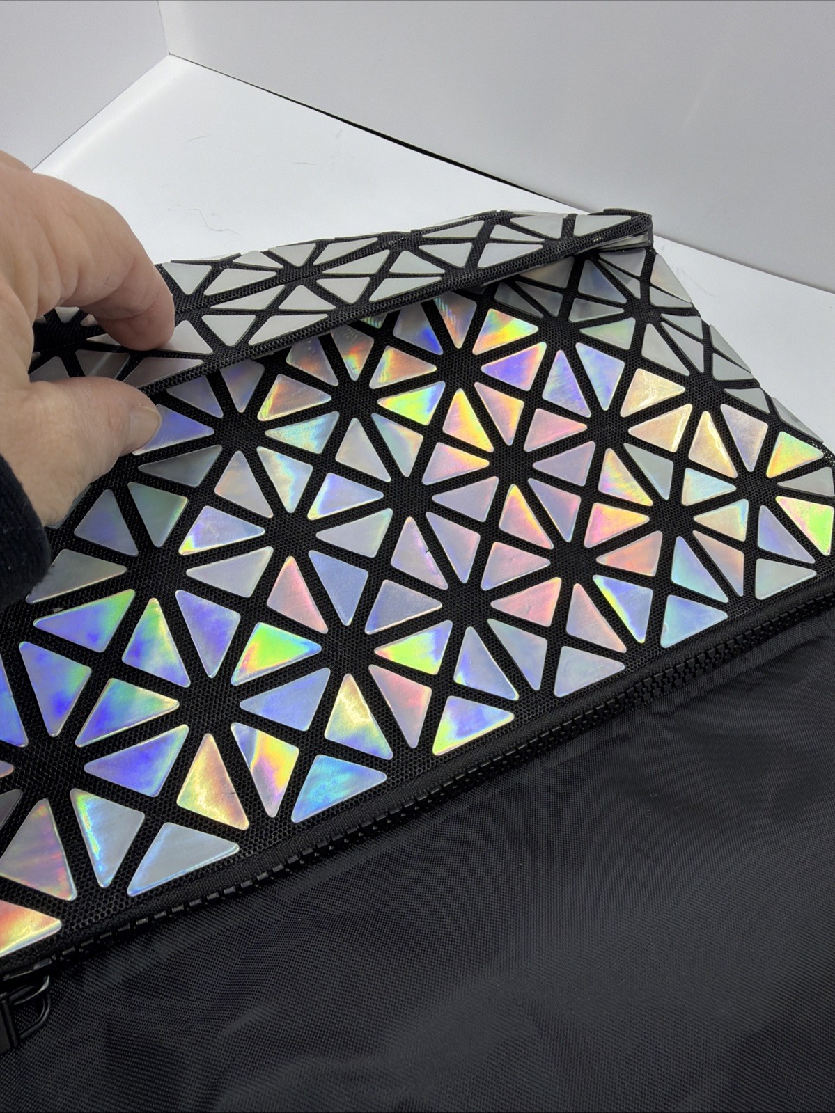 Geometric Iridescent Shoulder Bag Chain Strap Silver Black Collapsible Fashion