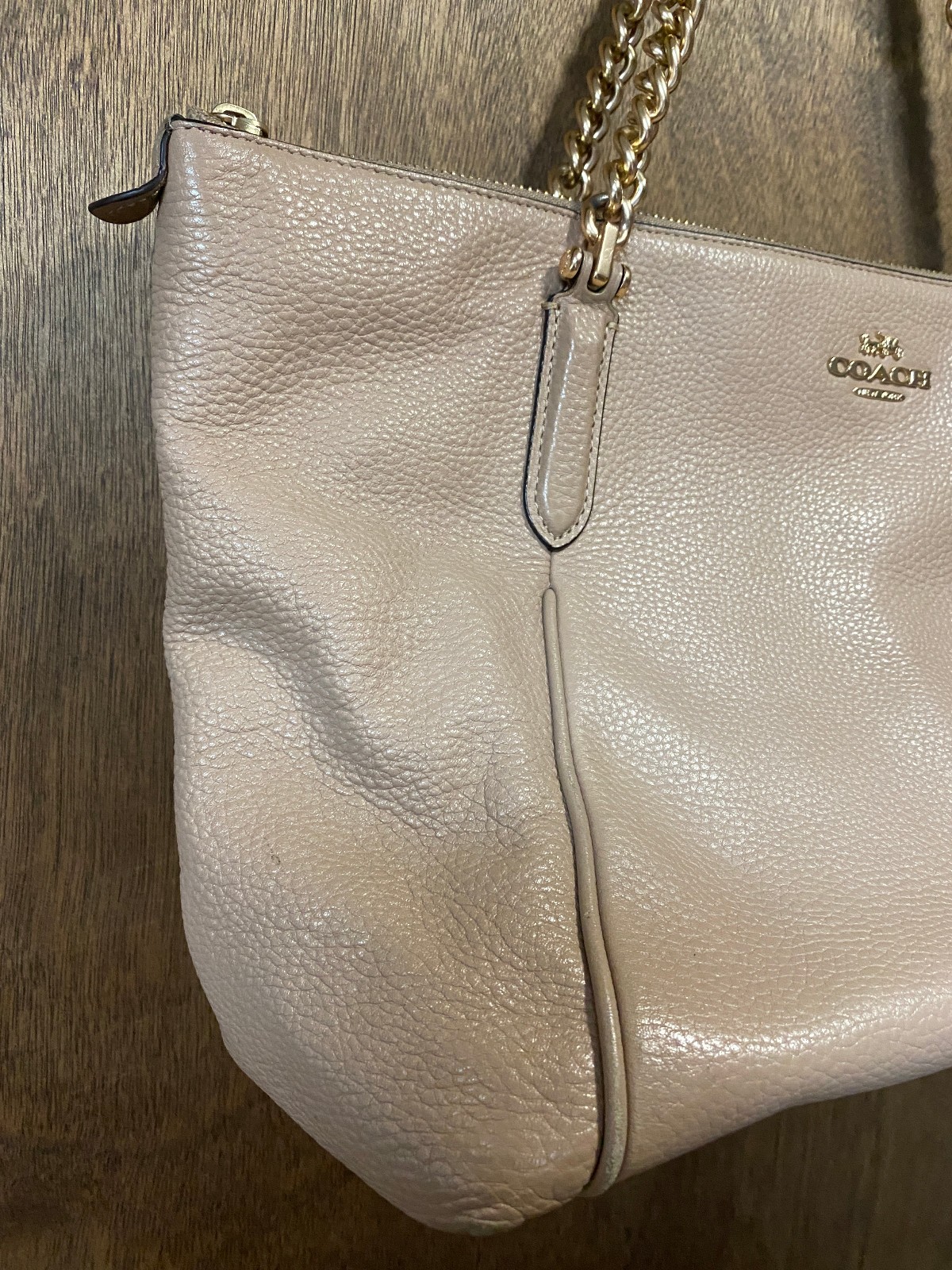 Coach Ava Chain Leather Tote Handbag Beige Shoulder Bag Purse 87775