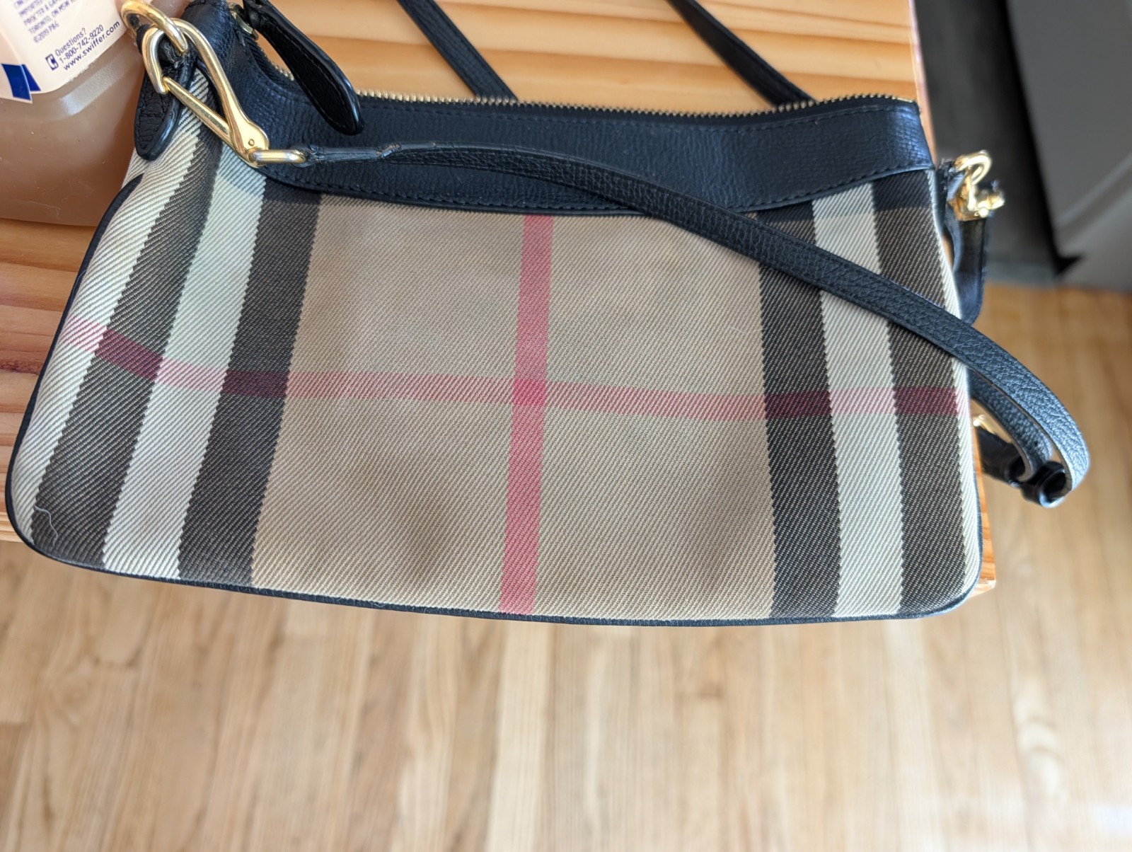 Burberry Plaid Zip Crossbody Bag Detachable Strap Inner Pockets Gold Beige