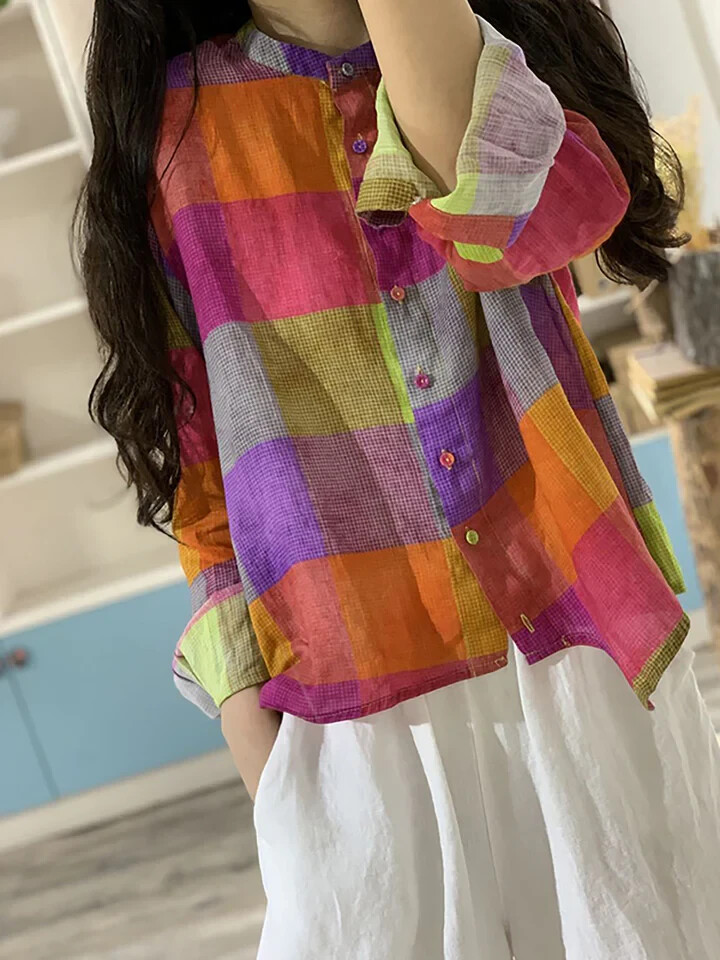 Buykud Irregular Plaid 100% Ramie Button Blouse Shirt Colorful Long Sleeve XL