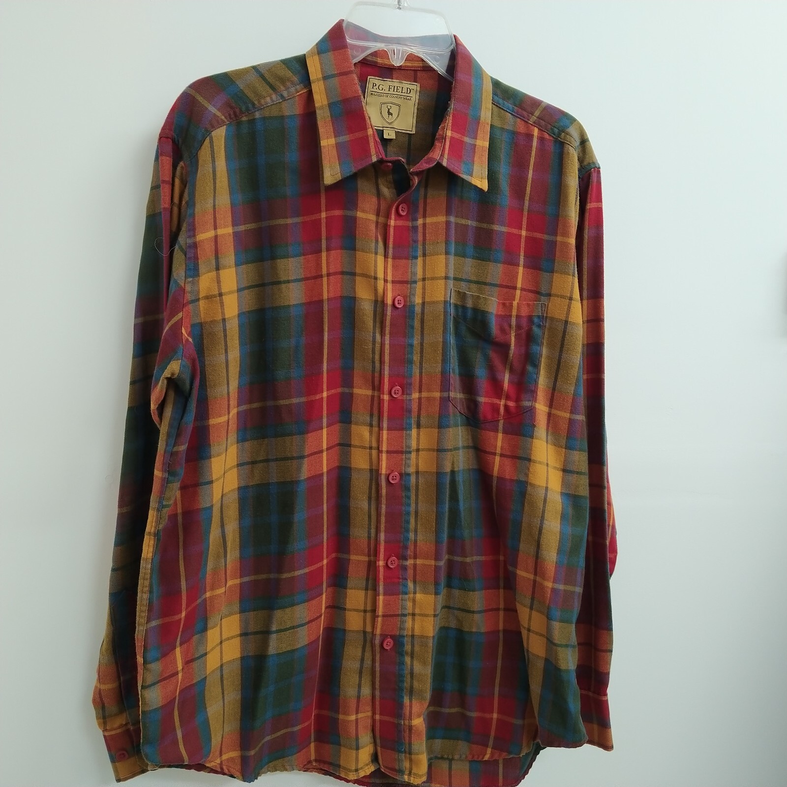 P.G. Field Mens Button Up Shirt Size Large Red Plaid Colorfull Long Sleeve