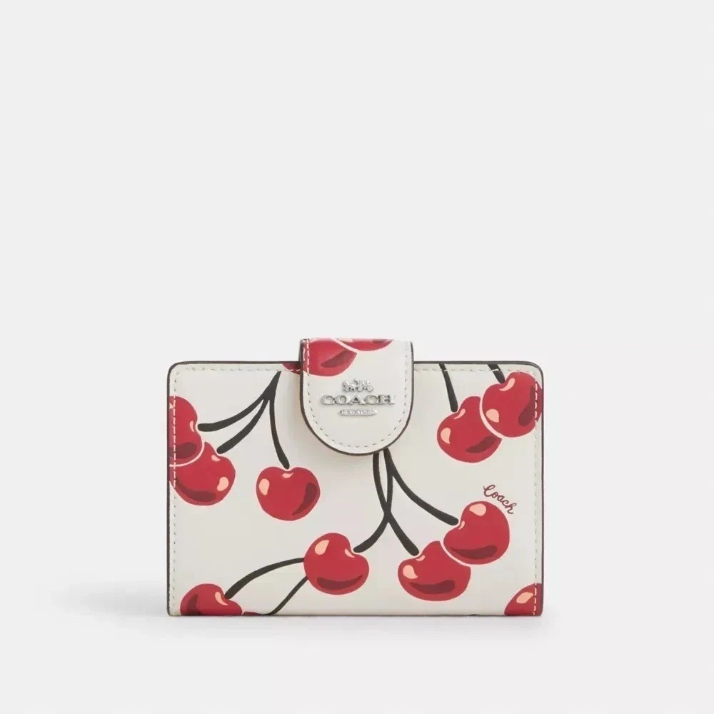 Coach Medium Corner Zip Wallet With Cherry Print Chalk Multi CZ762 with Box