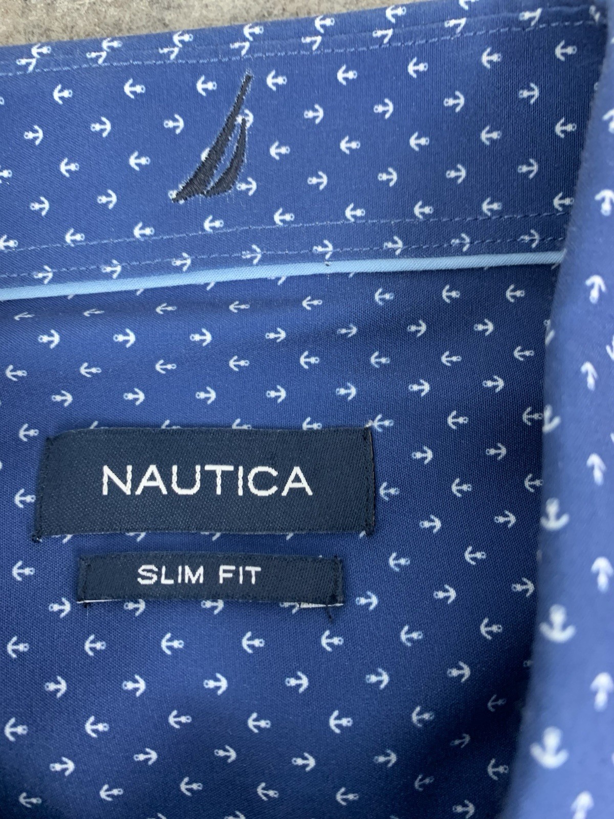 Nautica Slim Fit Men’s Button Up Shirt, Navy Blue, Anchors Print, Size Large