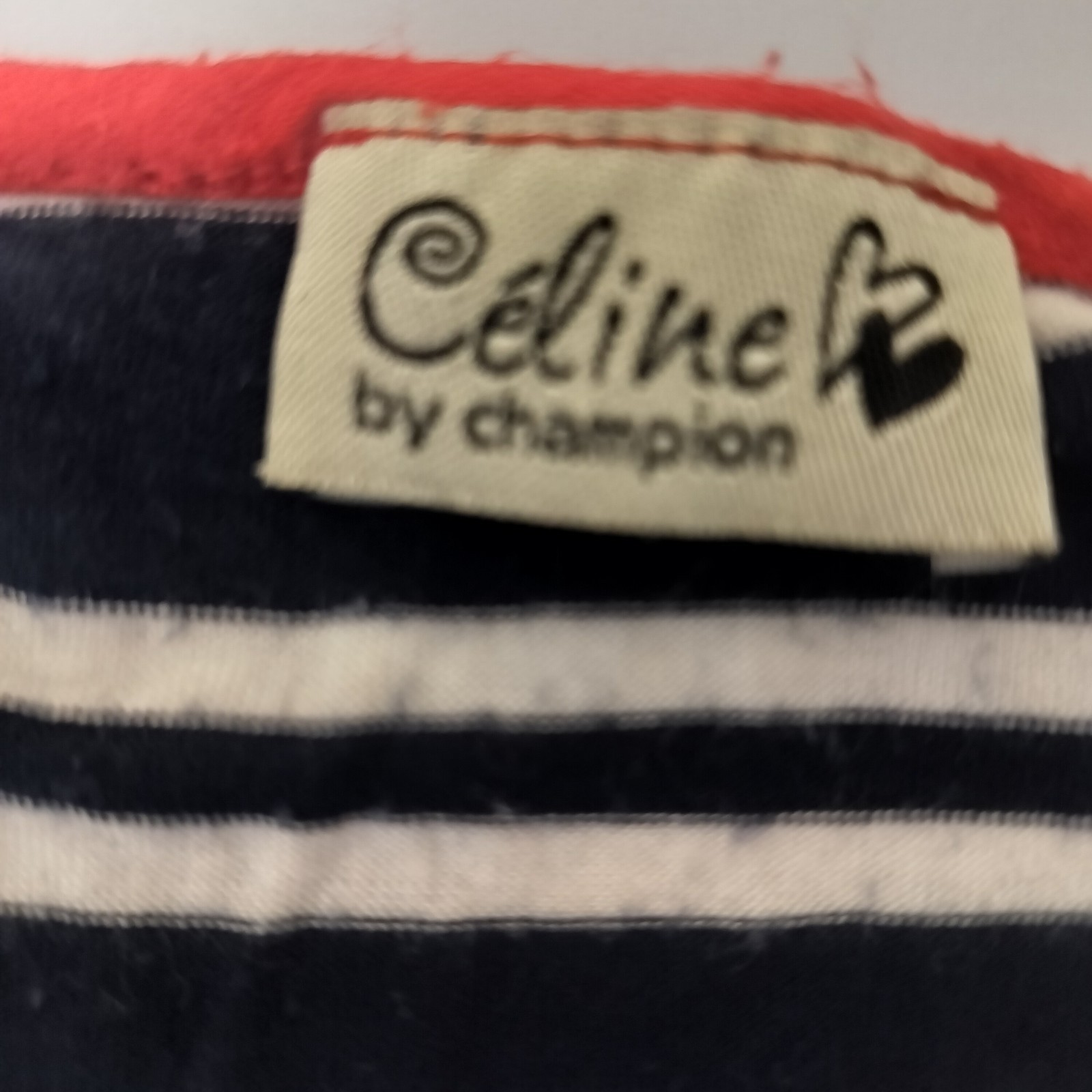 CELINE BY CHAMPION NAVY WHITE STRIPED BOAT NECK TOP RED TRIM BUTTON 3/4 SLEEVE