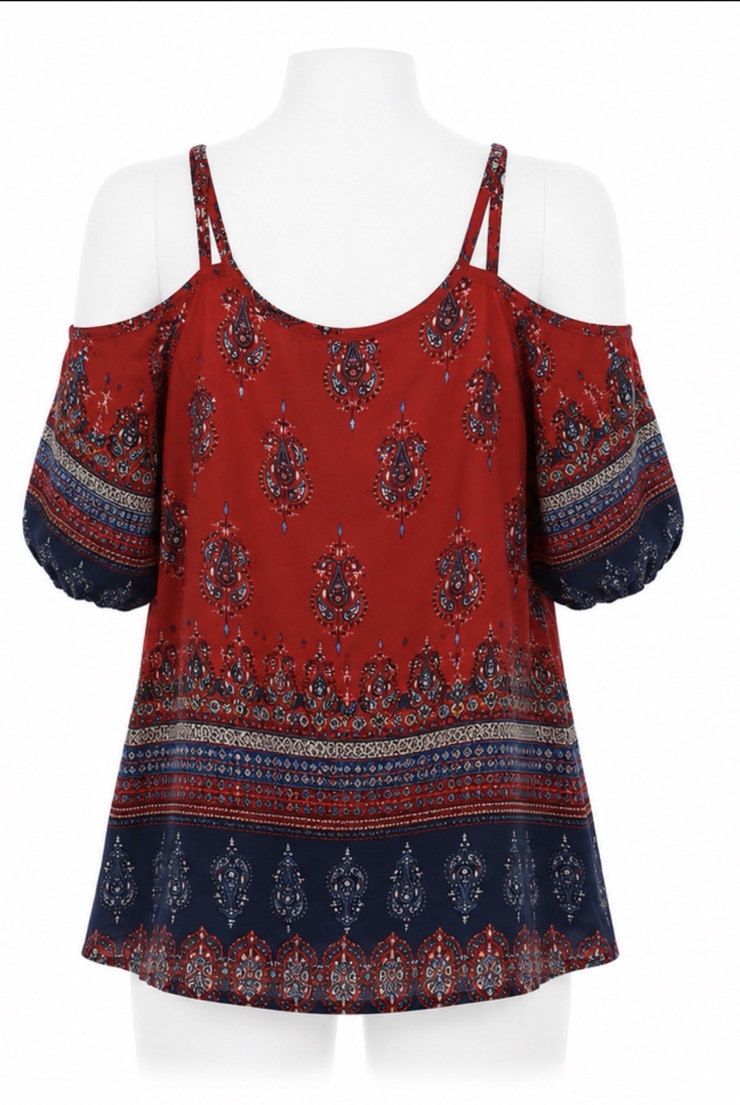 Meraki Red Paisley Cold Shoulder Blouse Small Boho V-Neck Gold Bar Top Festival