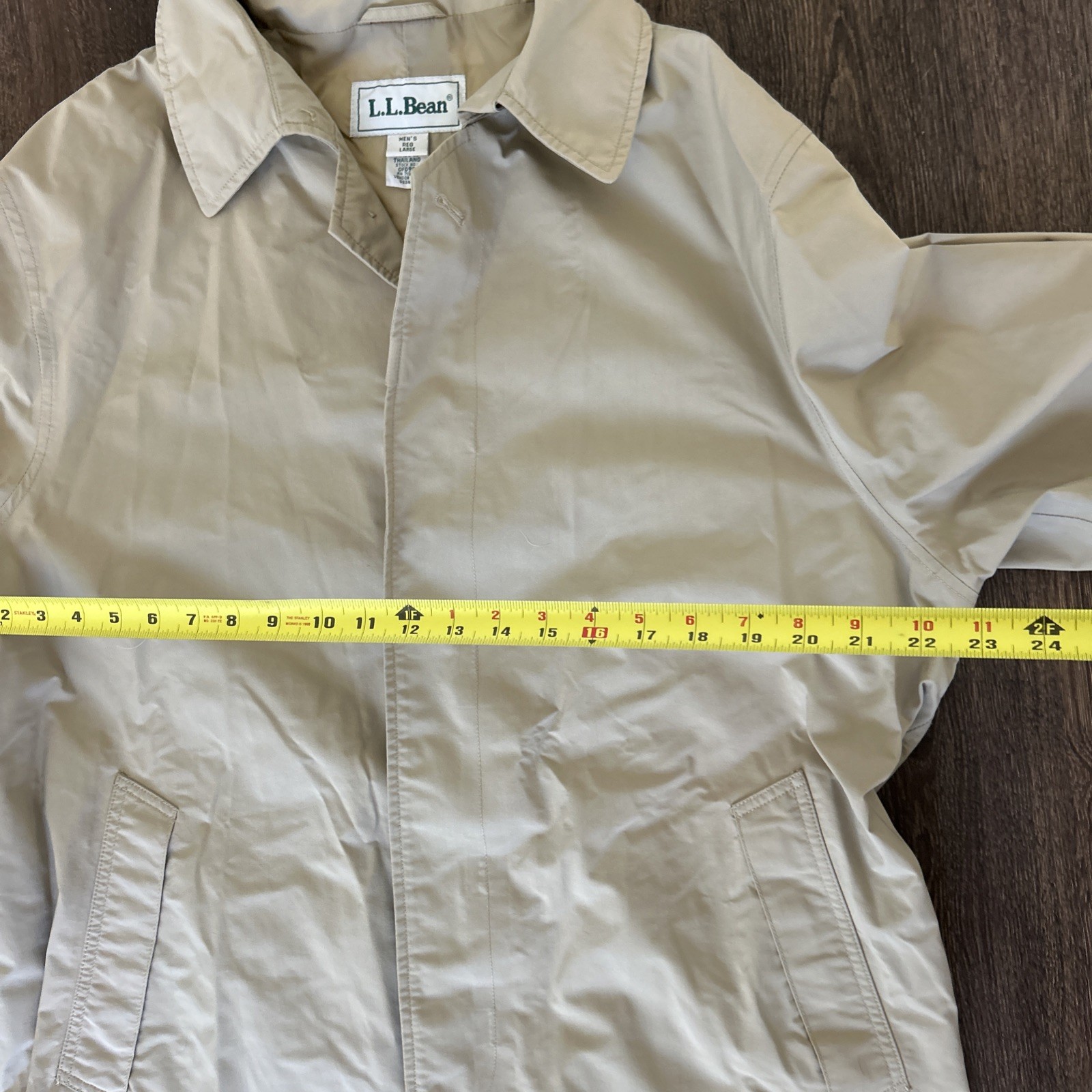 Vintage LL Bean Trench Rain Coat Mens Large Khaki Long Chin Strap Made USA 80s