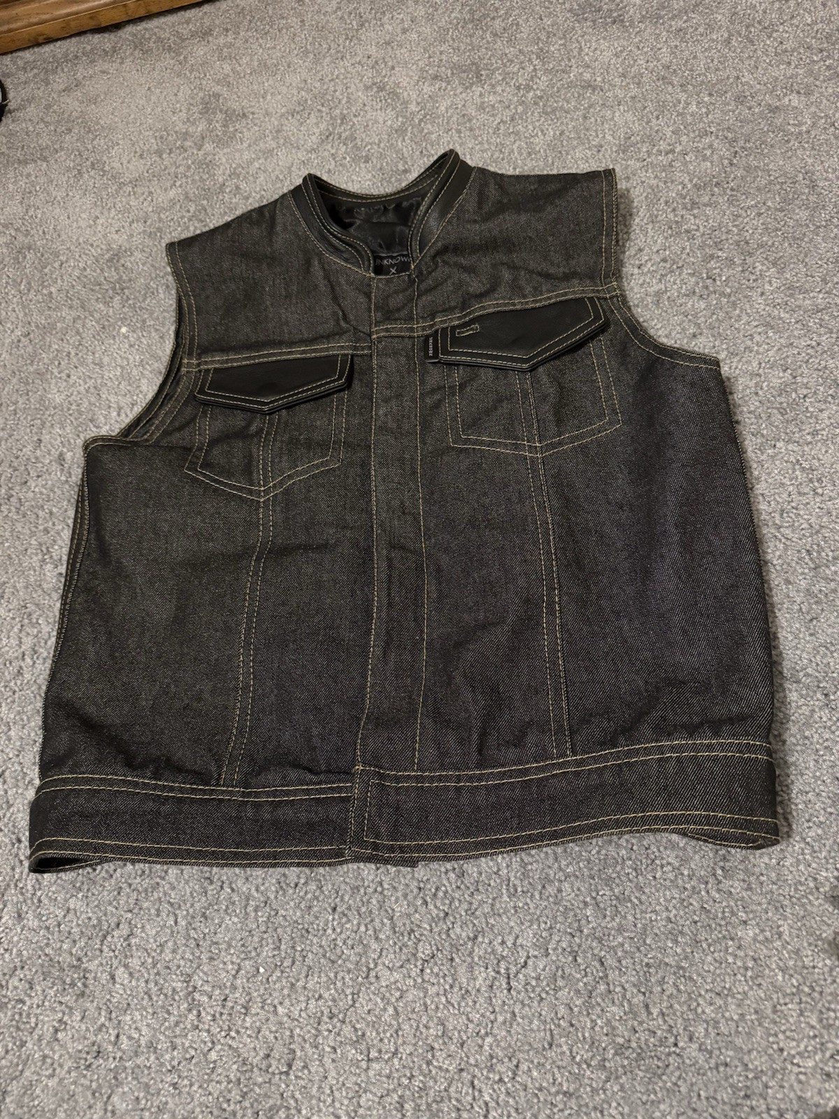 Unknown X Espinoza Black Denim Leather Sleeveless Vest Handmade In USA Large