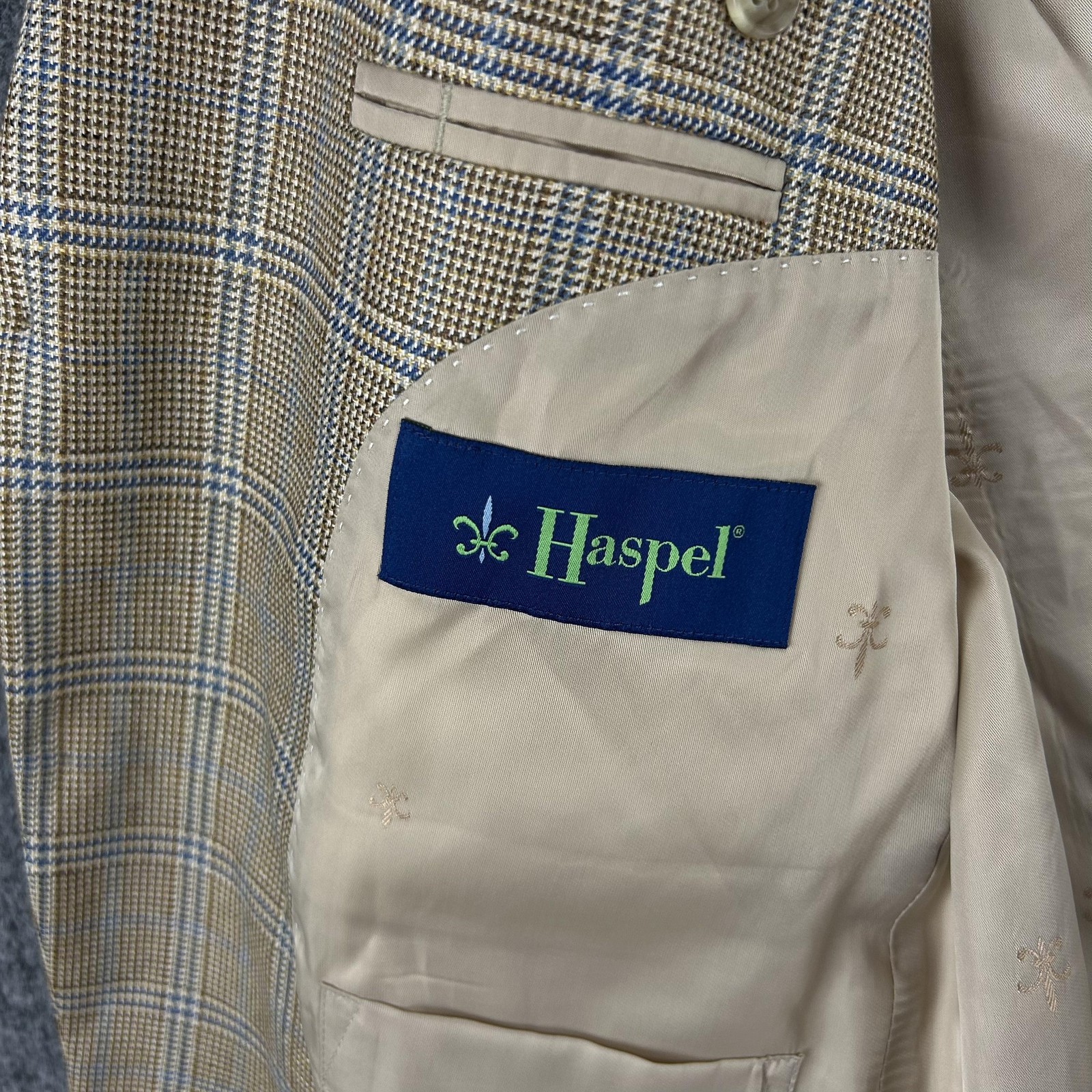 Haspel Blazer Men 40 Beige Silk Wool Plaid SportCoat Business Office Meetings
