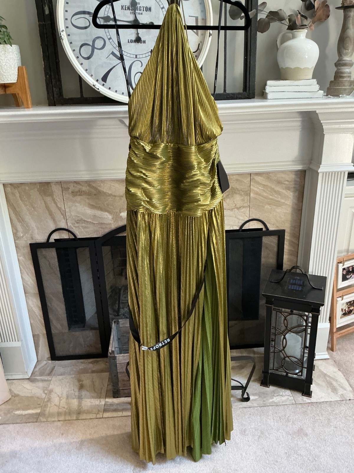 NWT RETROFETE Thalia pleated halter side-slit maxi dress – Metallic Peridot – M