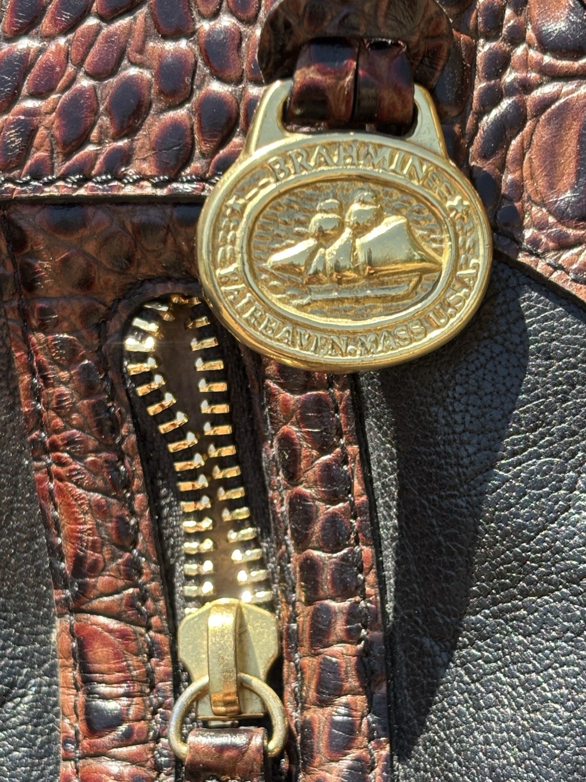 Brahmin Brown/Black Croc-Embossed Satchel Top Handle Zip, Gold Hardware