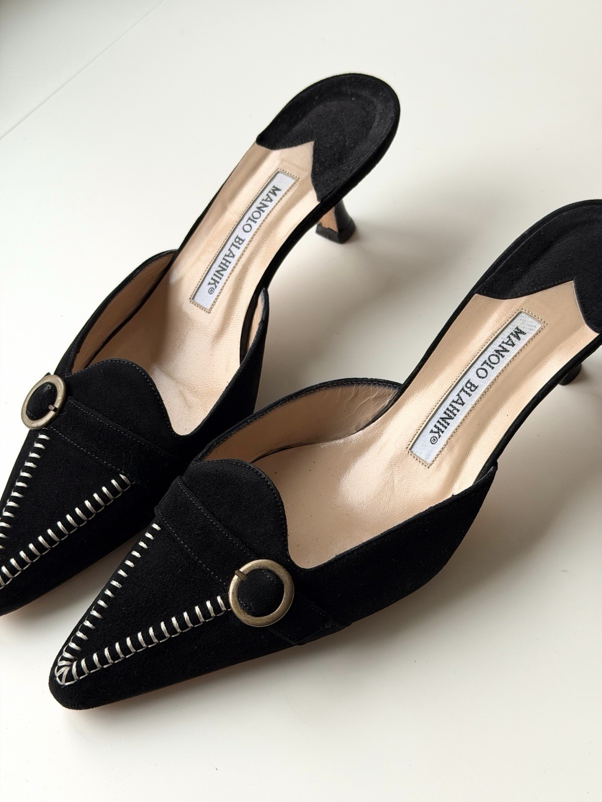 Manolo Blahnik vintage black suede mules, IT 38, ~ US 7.5-8, kitten heel: 2”
