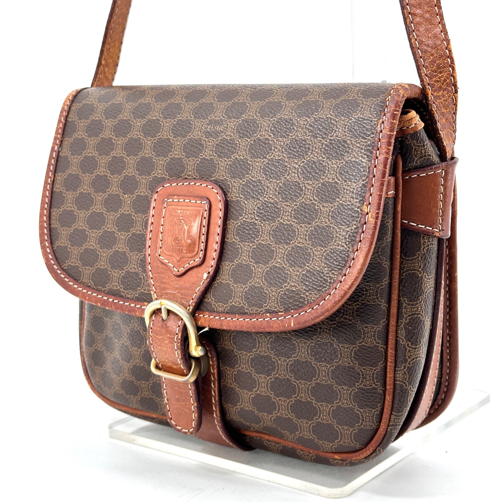 Vintage Celine Macadam Shoulder Bag Crossbody PVC Leather Brown