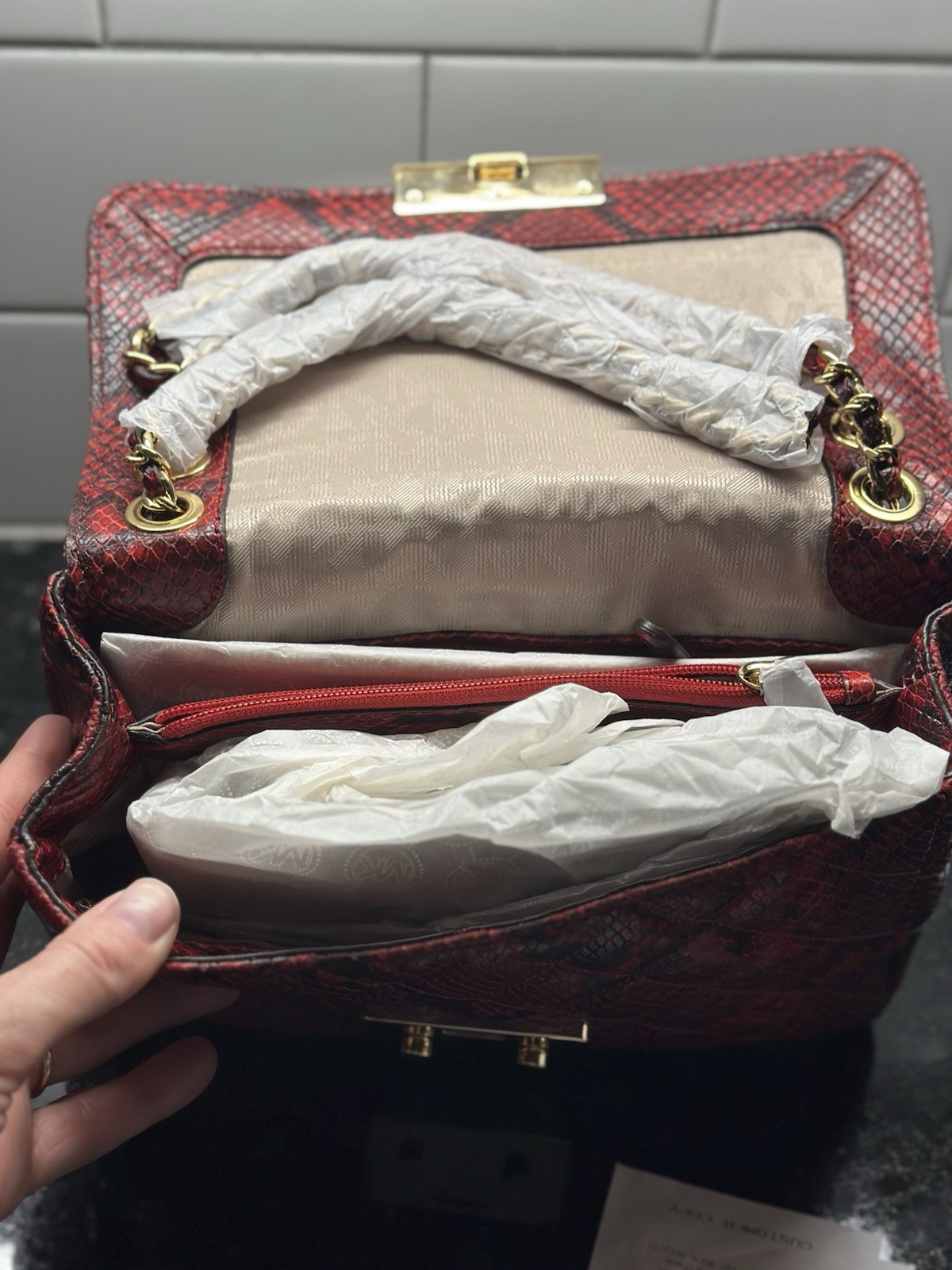 Michael Kors Red/Black Quilted Snake Print Small Flap Shoulder Bag, Chain, Dust