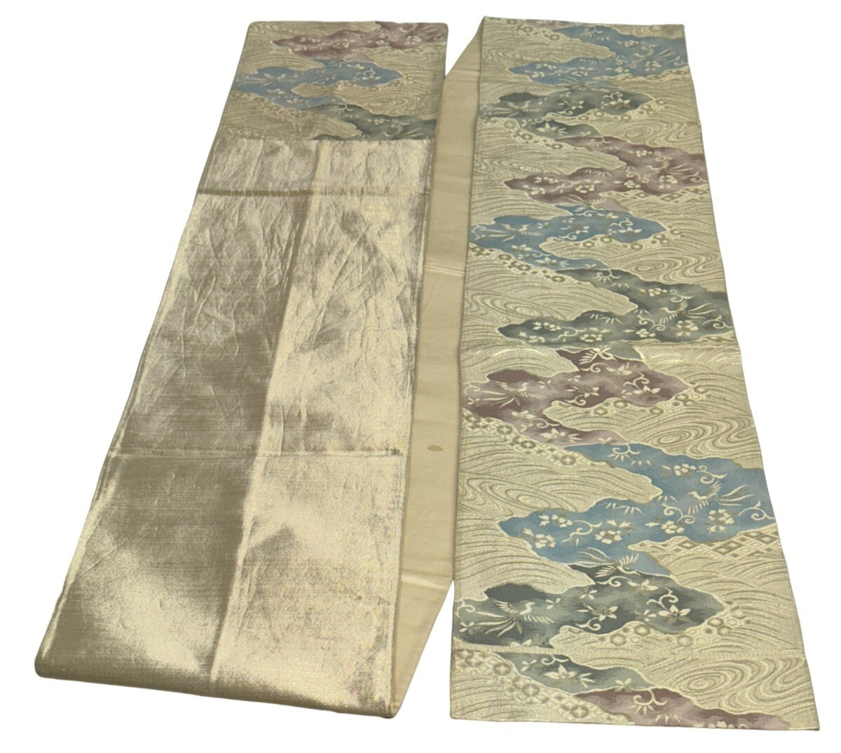 Japanese Vintage Kimono Fukuro Obi silk silver expensive dirt 160.6×11.4in