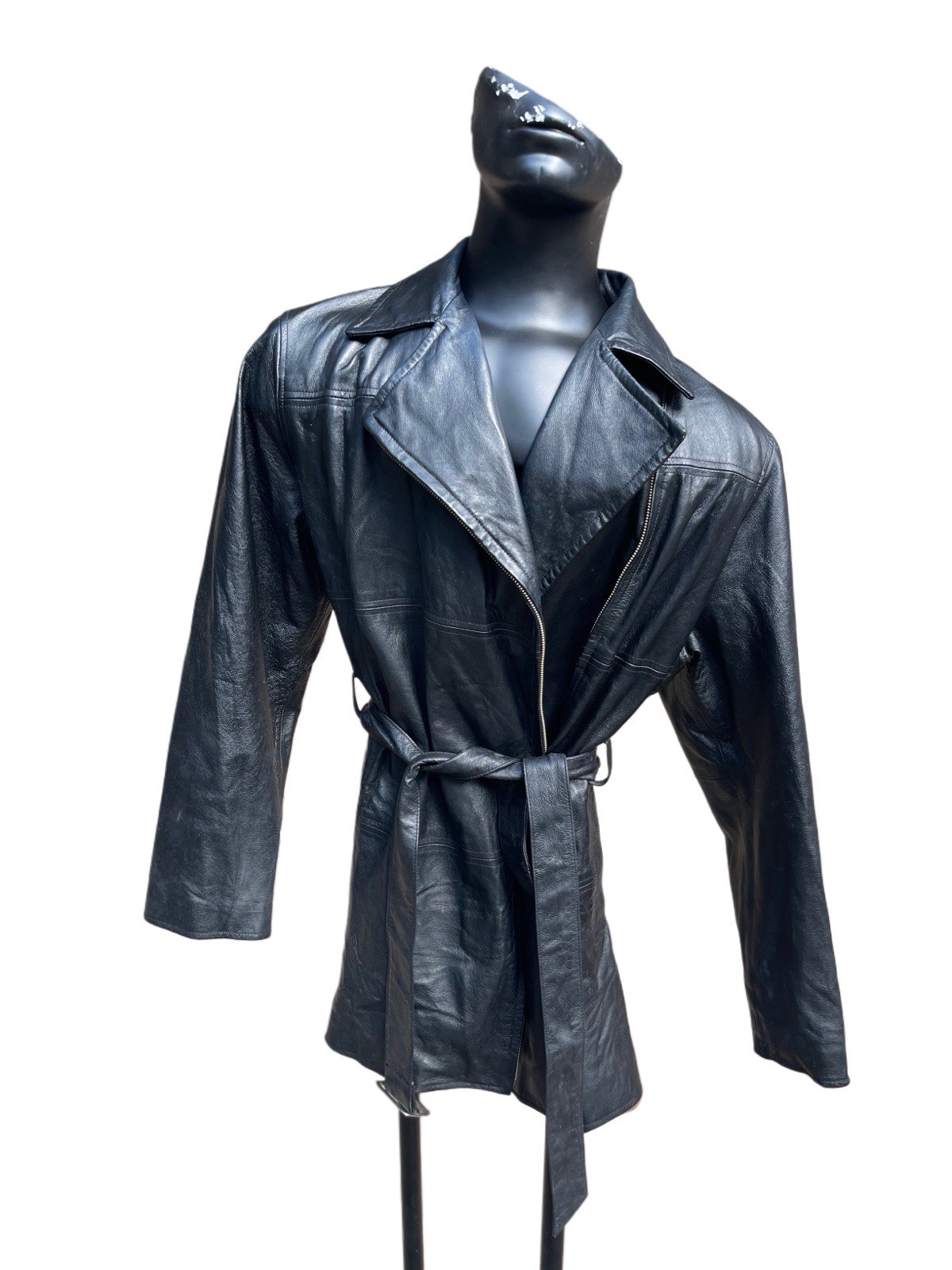 Leather Trench Coat Zipper Close with Belt Lined Size XL Black
