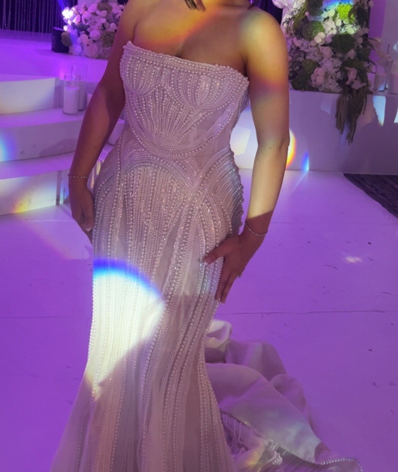 Leah da Gloria Drew White Strapless Sleeveless Beaded Mermaid Wedding Dress