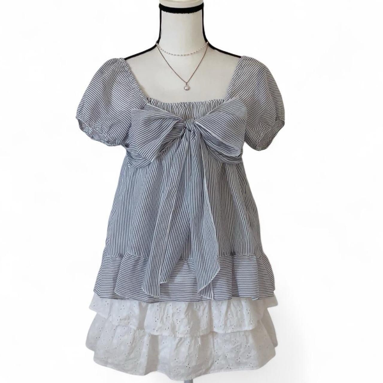 Japanese Brand Striped Chest Ribbon Babydoll Ruffle Blouse