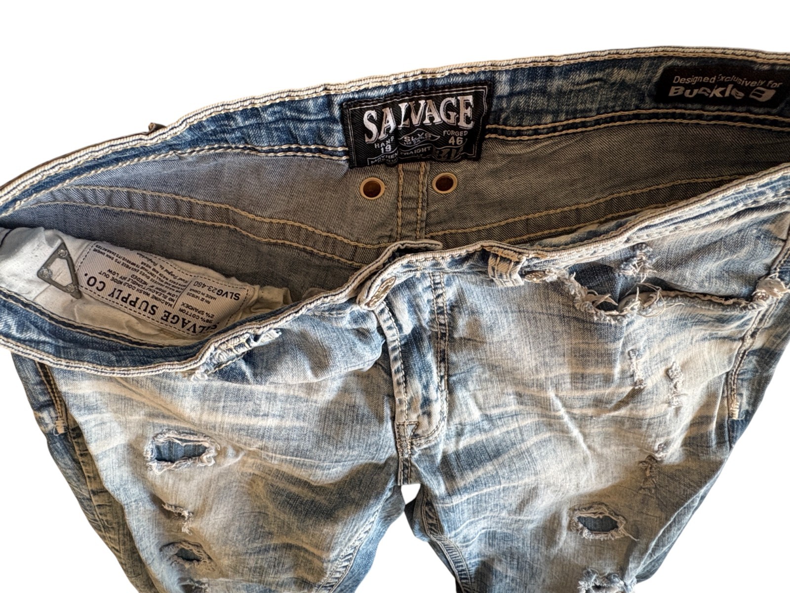 Buckle Salvage Mayhem Straight Jeans Mens 34 Blue Denim Destroyed Distressed