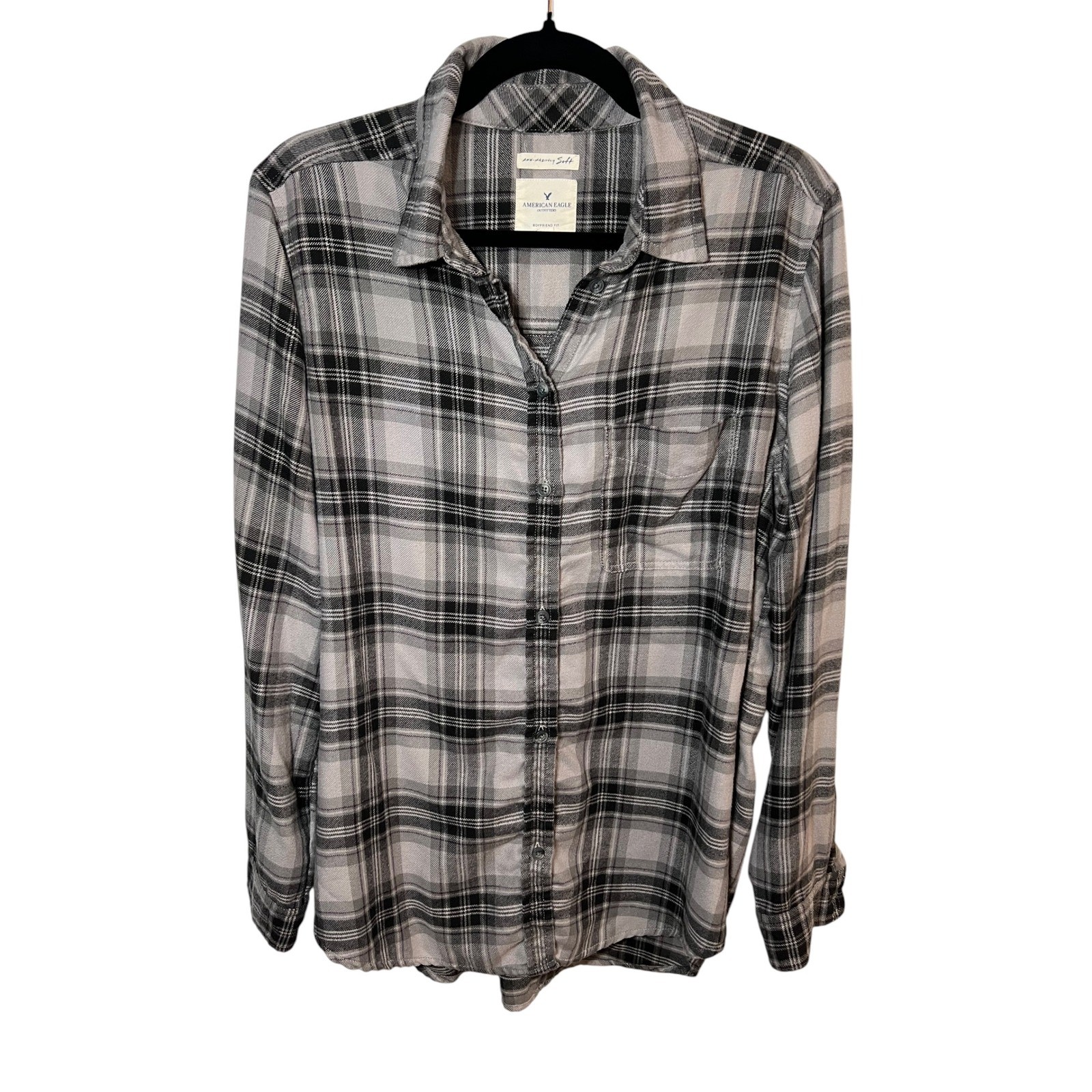 American Eagle Boyfriend Plaid Cabincore Soft Flannel Grunge Button Down Large
