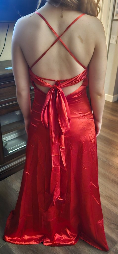 Red Satin Spaghetti Strap Ruched Gown w/ Open Back & Tie Detail