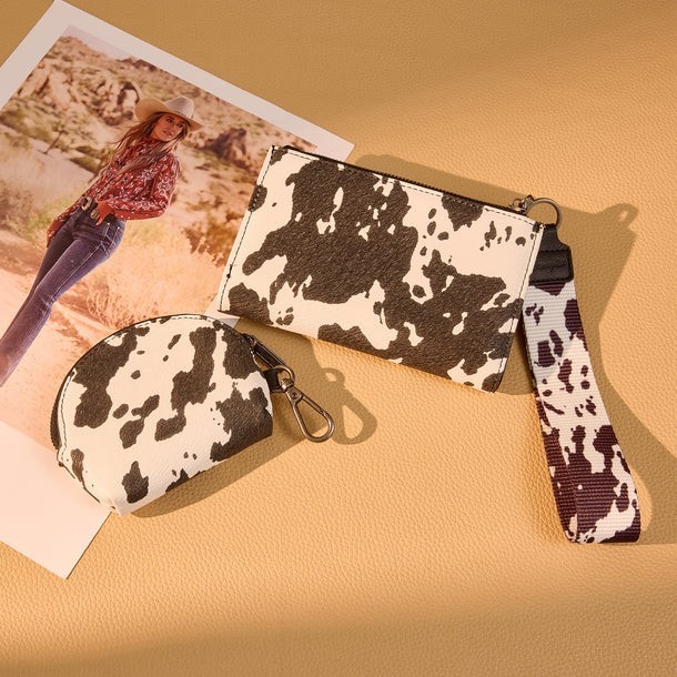 Wrangler Cow Print Wallet & Coin Pouch Wristlet Set