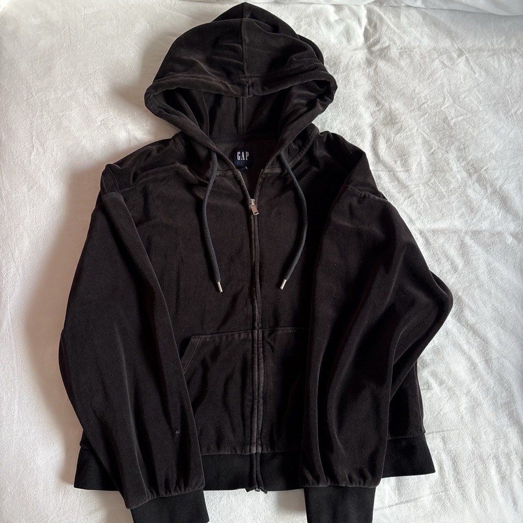 GAP Black Dark Brown Velour Full Zip Hooded Hoodie w/ Pockets Cotton Blend S