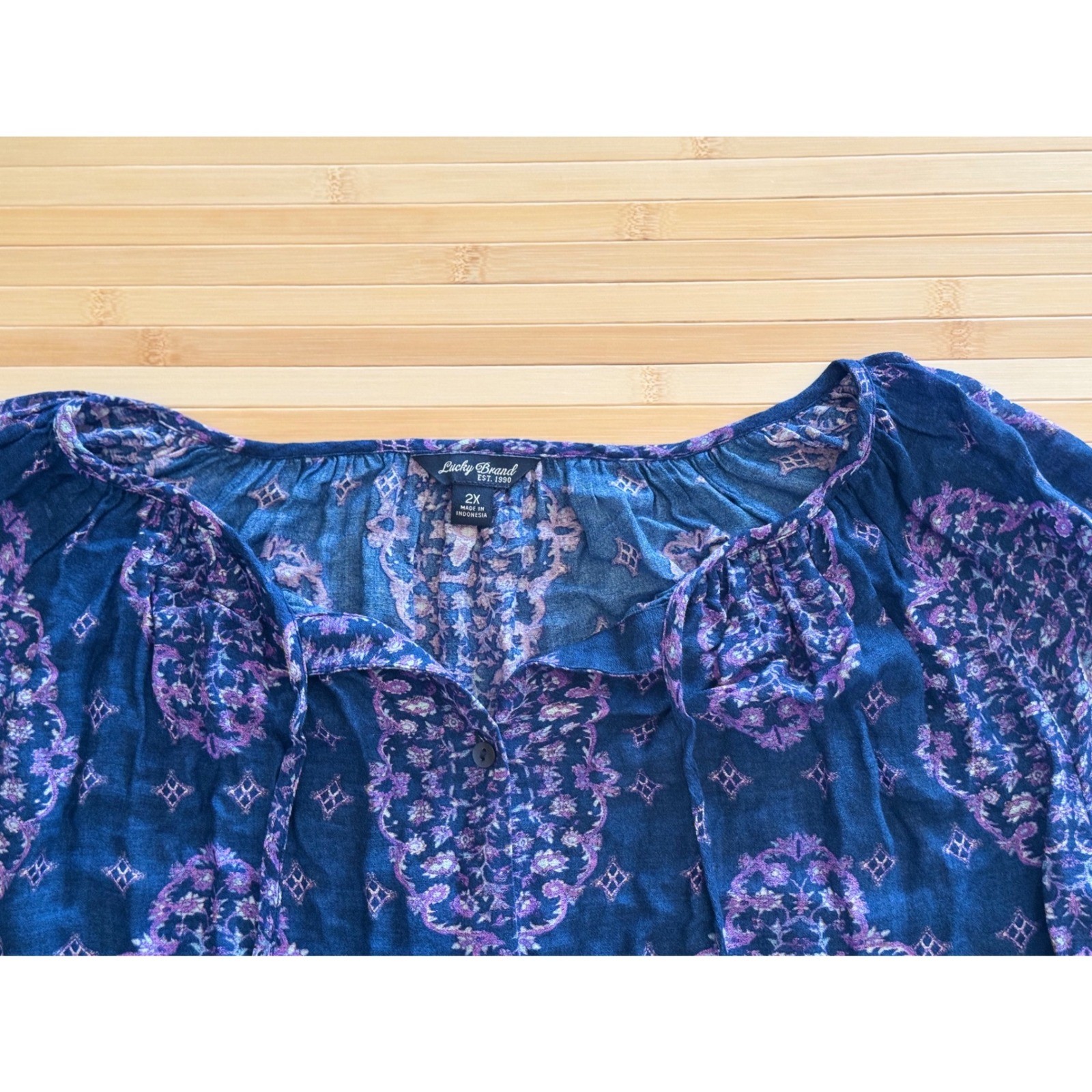Lucky Brand Womens 2X Blue Purple Medallion Print Peasant Blouse Boho Tie Neck