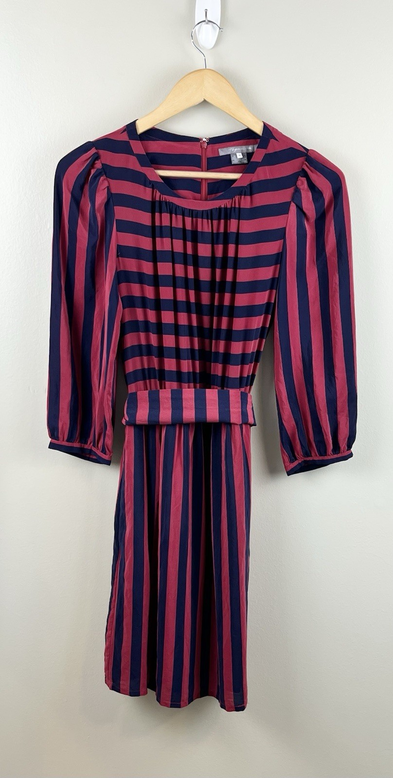 Tegan 100% Silk Dress Sz 4 Long Sleeve Nautical Red Blue Stripped Preppy Pockets