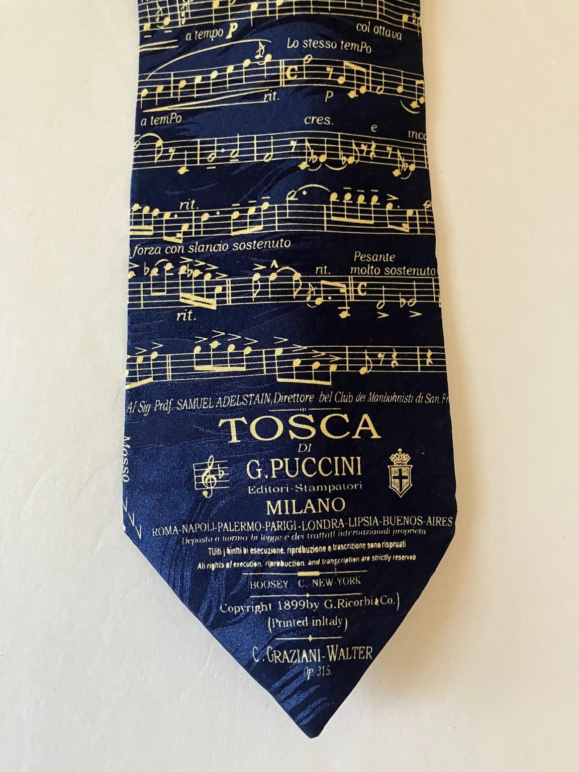 MUSEUM ARTIFACTS Men’s Navy Gold Tosca Opera Music Notes Silk Tie Classic 58″
