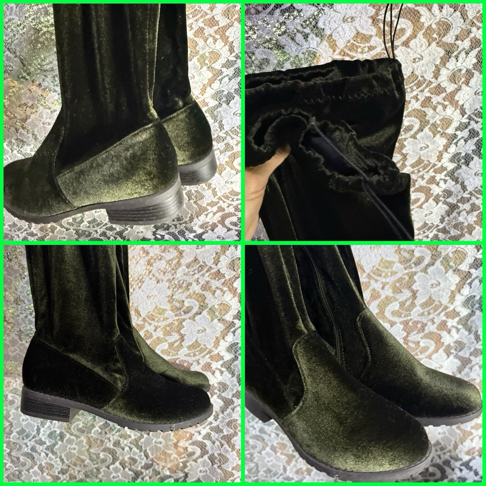 Over the Knee Velvet Boots – Olive sz 7 elastic at thigh flat heel Excellent Con