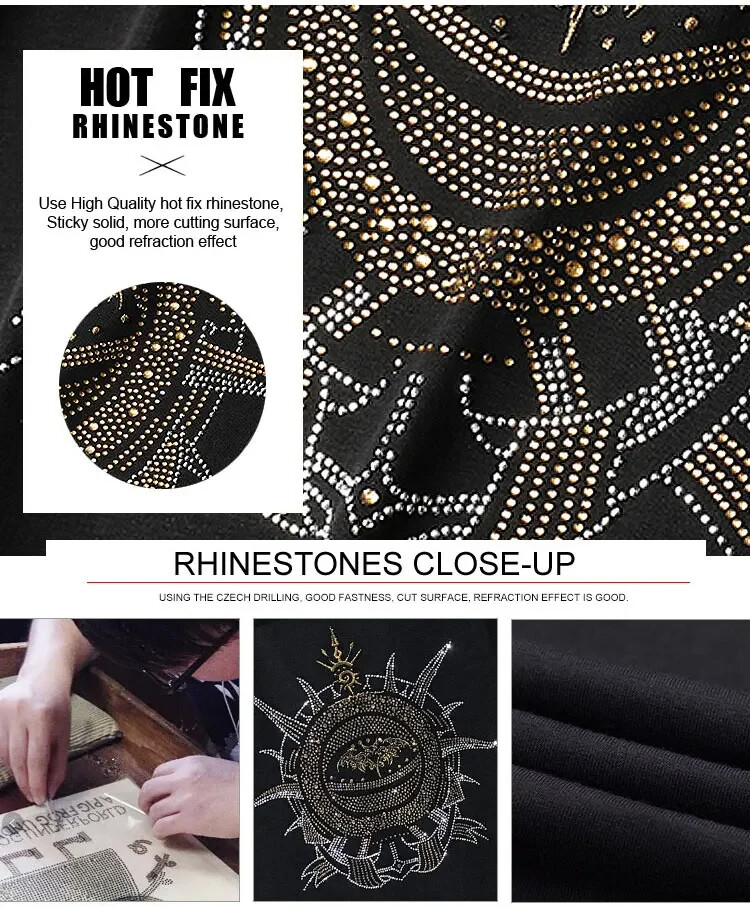 Fashion Trend Stone Rhinestones Streetwear Long Sleeve Luxury Men V-Neck T-Shirt