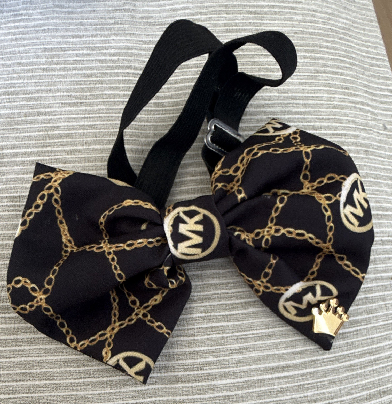 Black/Gold Logo Print Bow Dog Tie Elastic Stretch Fabric .
