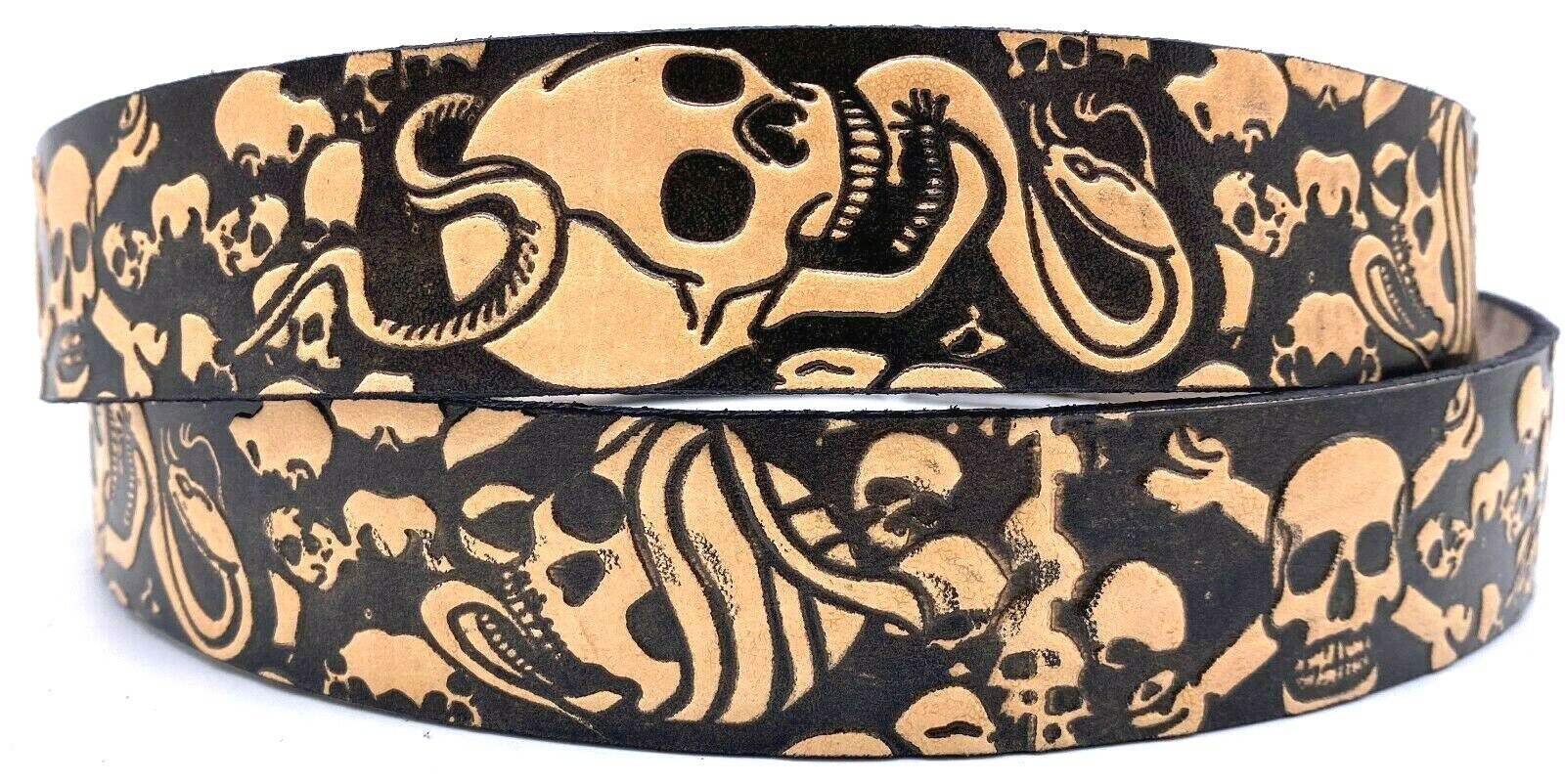 SKULLS EMBOSSED MOTORCYCLE COWHIDE LEATHER BELT SIZE 26-48 USA MADE