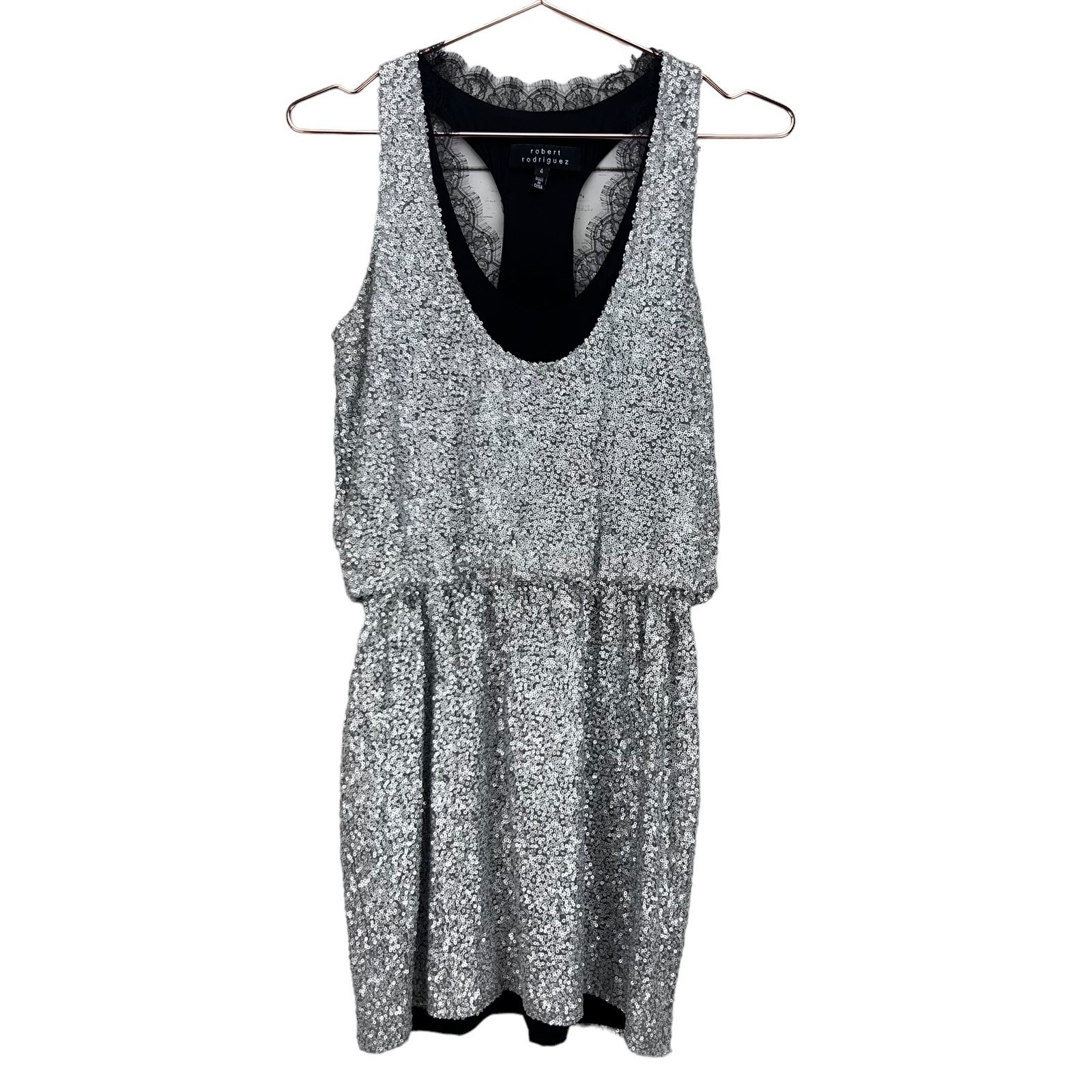 Robert Rodriguez Cocktail Silver Sequin Party Dress Size 4 Silk Sleeveless Mini