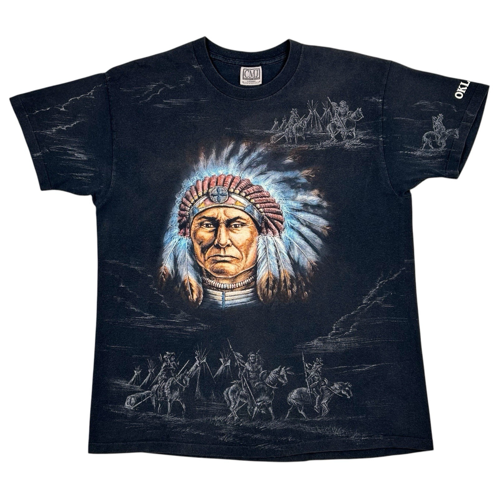 Vintage Native American Graphic T Shirt All Over Print Large Single Stitch USA