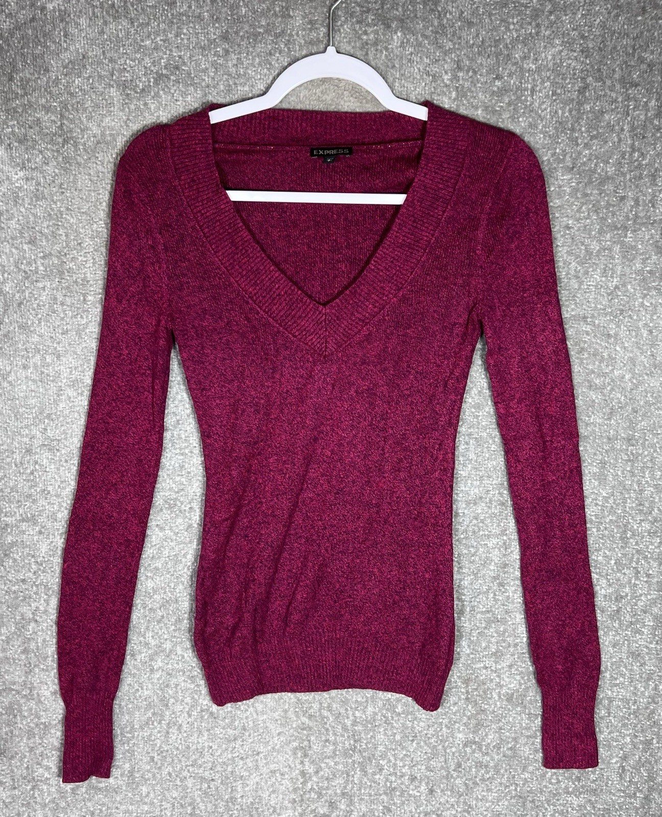 Express Knit Top Womens Size Small Dark Magenta Blue V-Neck Pullover Long Sleeve