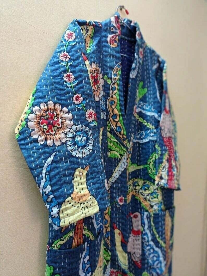 Indian Cotton Kantha Quilt Bird Print Long Kimono Bath Robe Nightwear Gown Dress