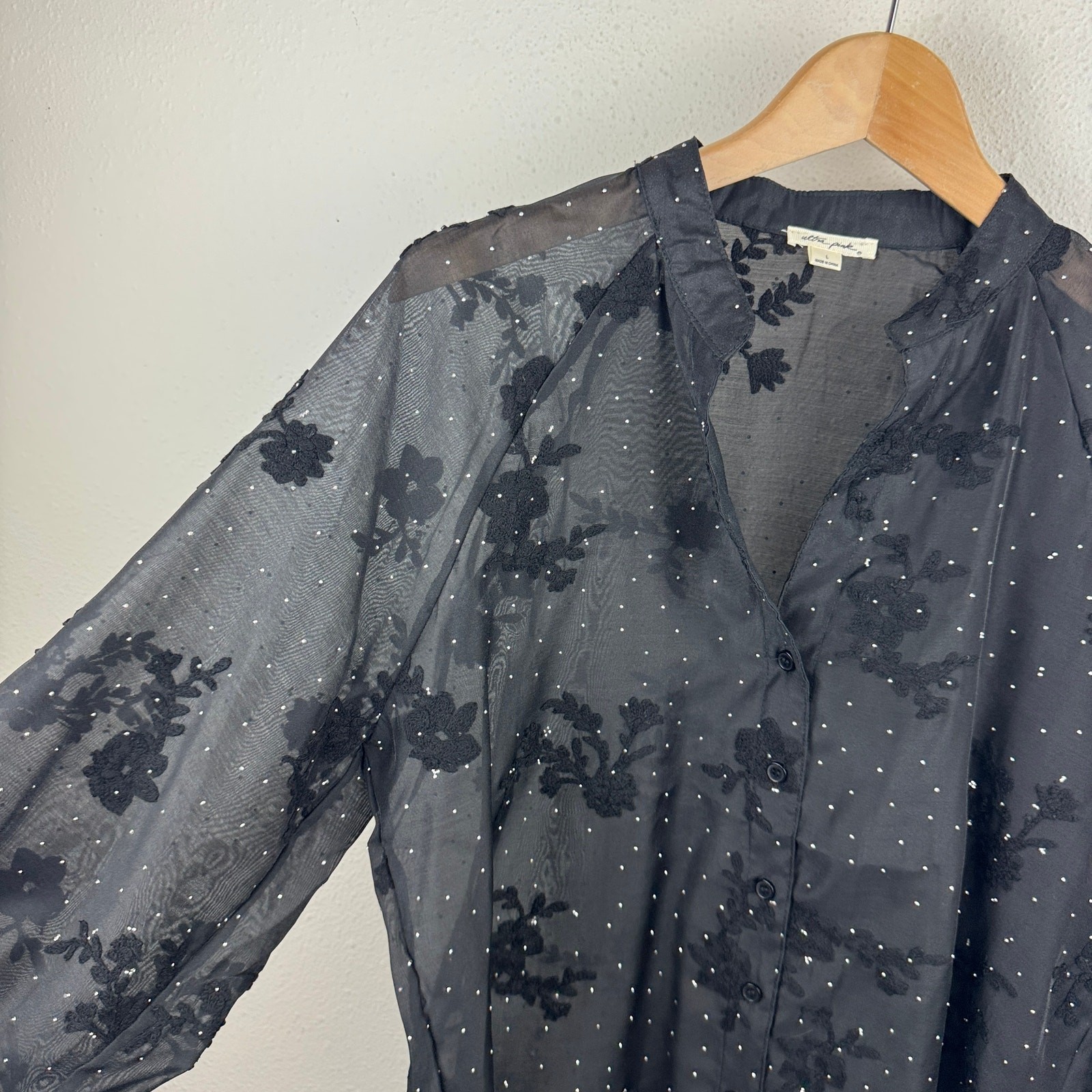 Ultra Pink Black Sheer Embroidered Rhinestone Blouse L Romantic Goth Dark