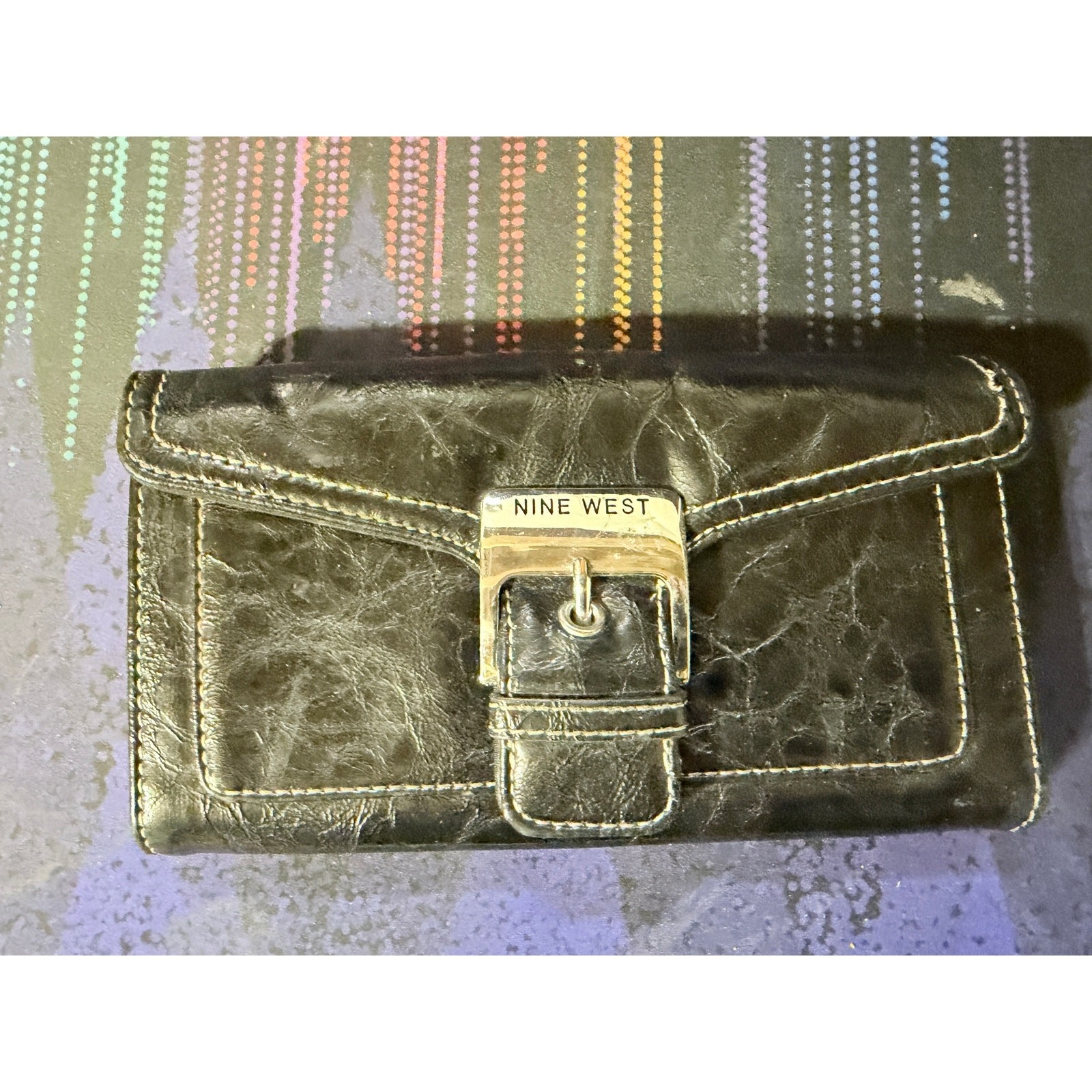 Nine West Black Faux Leather Tri-Fold Buckle Wallet Organizer