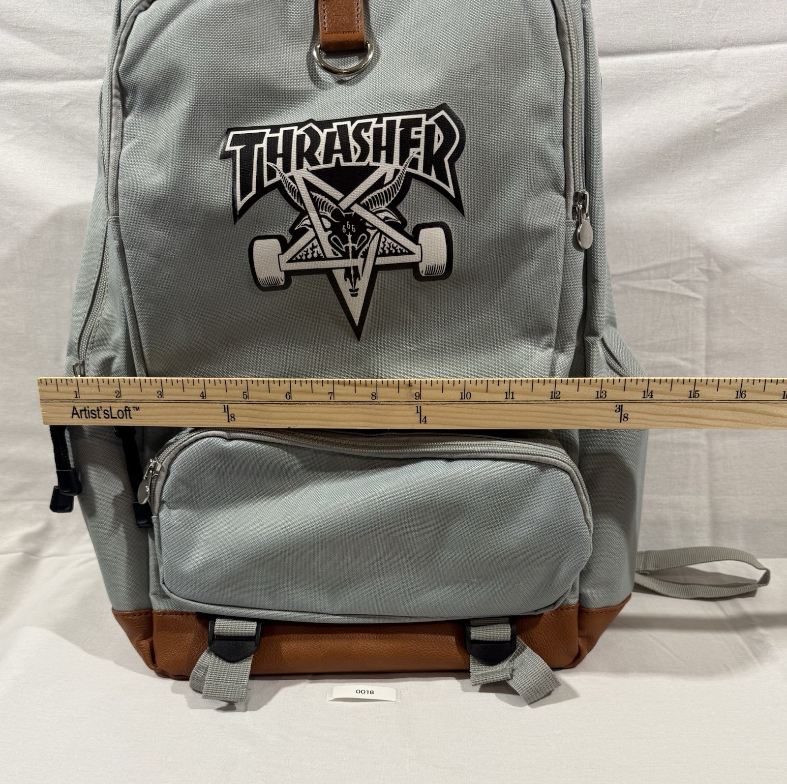 Thrasher Gray/Brown Logo Large Backpack Zip Closure, Pockets, Padded Straps