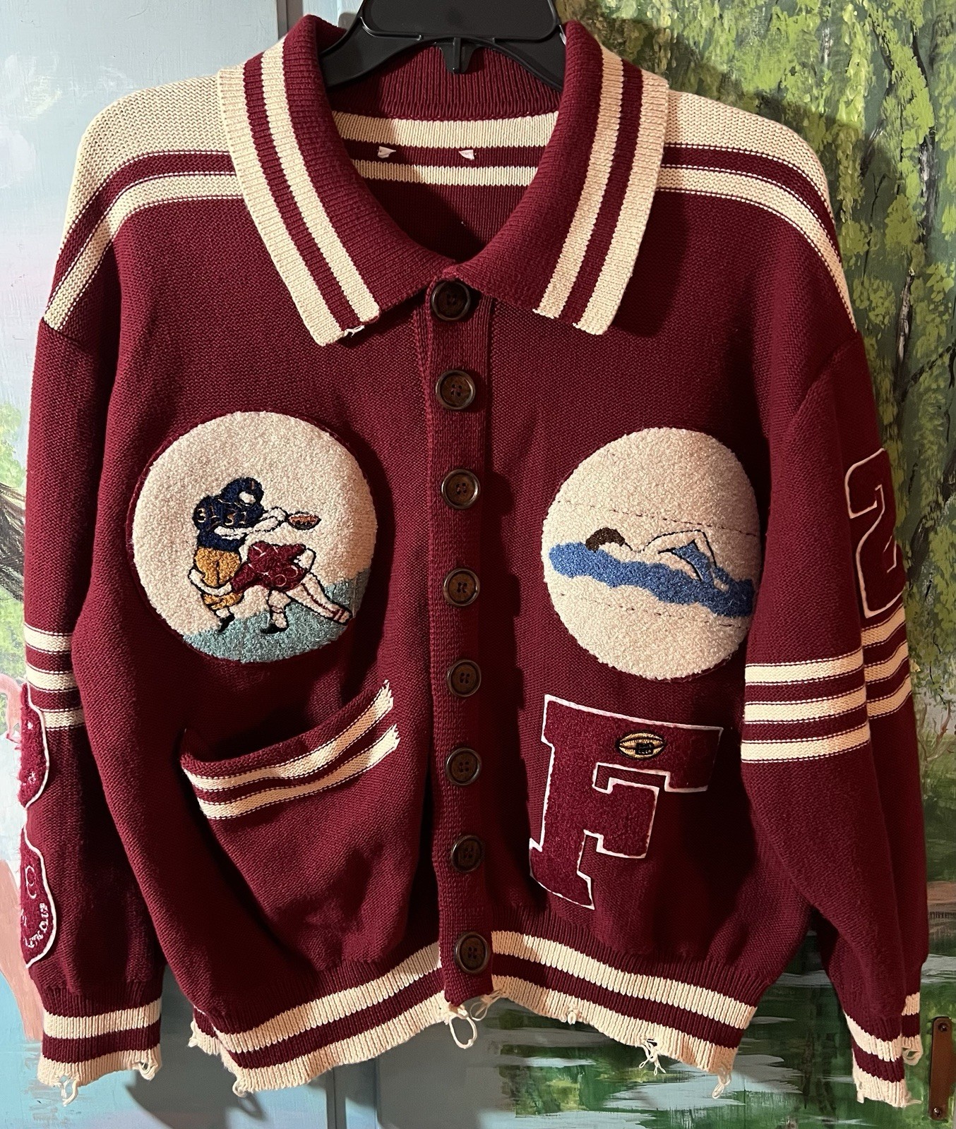 Found Fin Varsity Patch Collar Cardigan Sweater Unisex W XL M XL Red Distressed