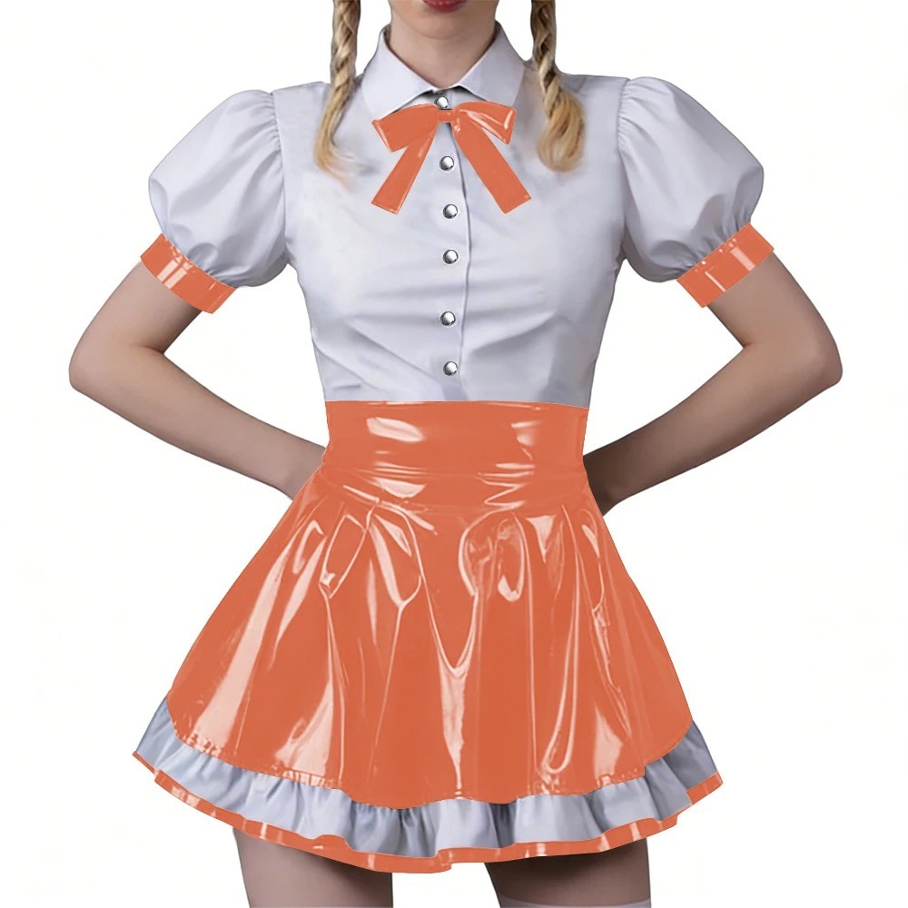 Women Vinyl PVC Bodycon Maid Sets Sweet Sexy Top Party Cosplay Unifom Skirt